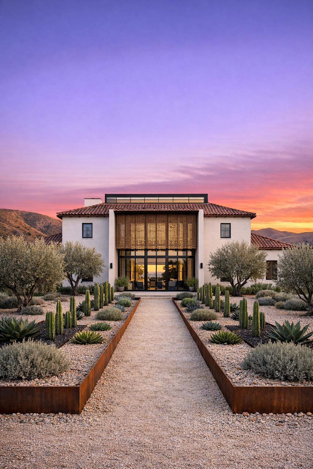 Contemporary Spanish villa with desert garden and central gravel path at sunset