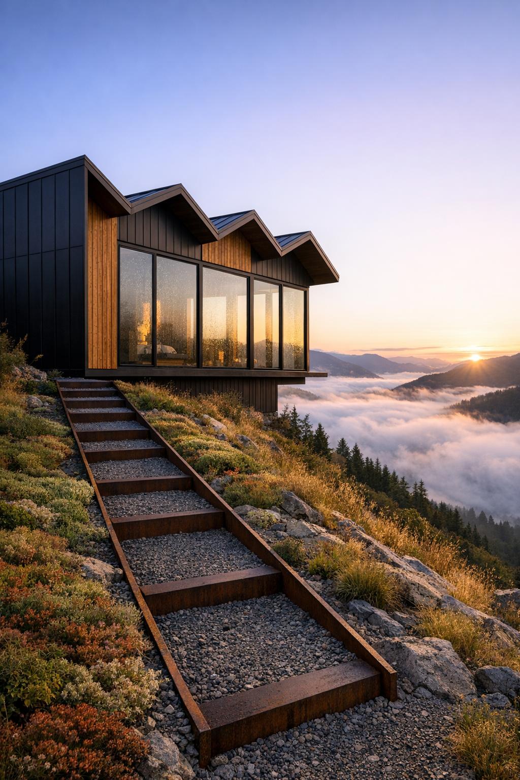 Glass-fronted black and timber cabin perched on a steep mountain slope above clouds at sunrise
