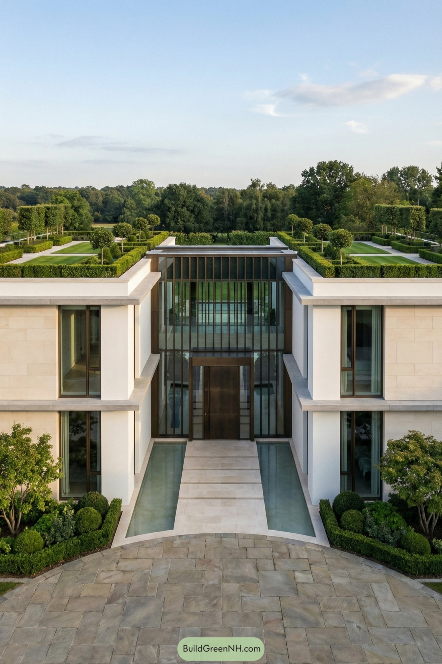 Modern mansion with symmetrical rooftop gardens and central glass entry courtyard