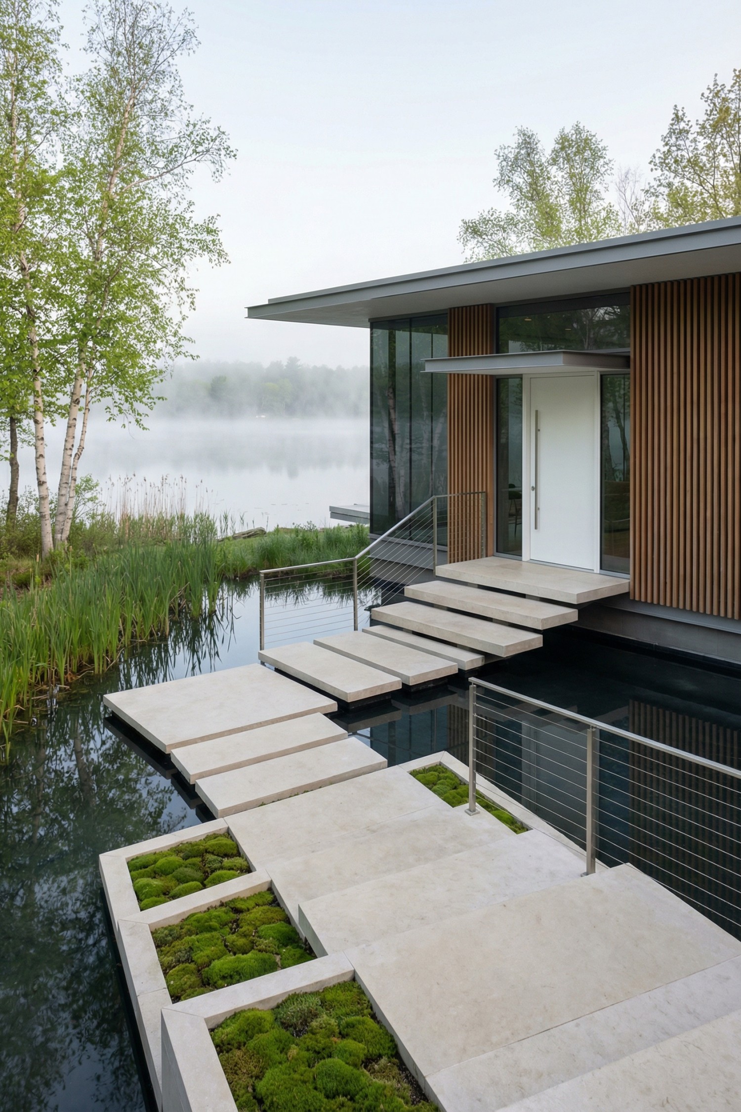 Modern stone entry stair over reflecting pond leading to glass lake house