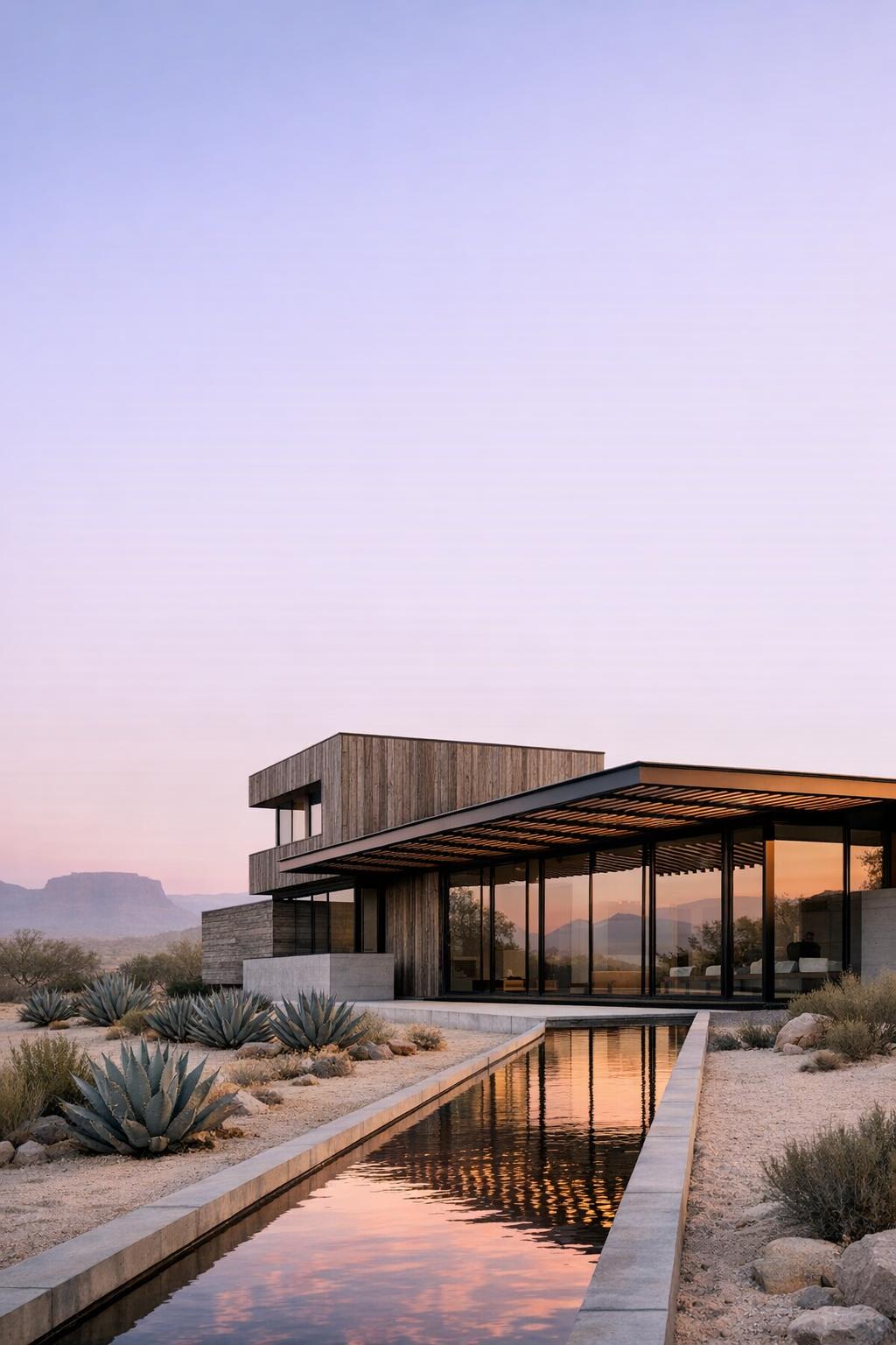 Modern desert house with wood cladding, glass walls, and a long reflecting pool framed by agave plants