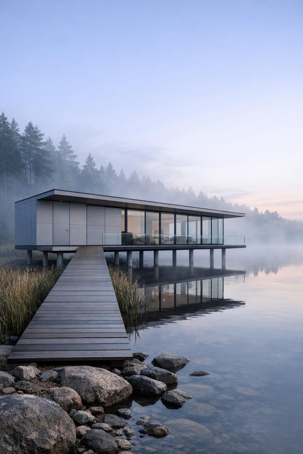Minimalist glass pavilion on stilts over a calm misty lake