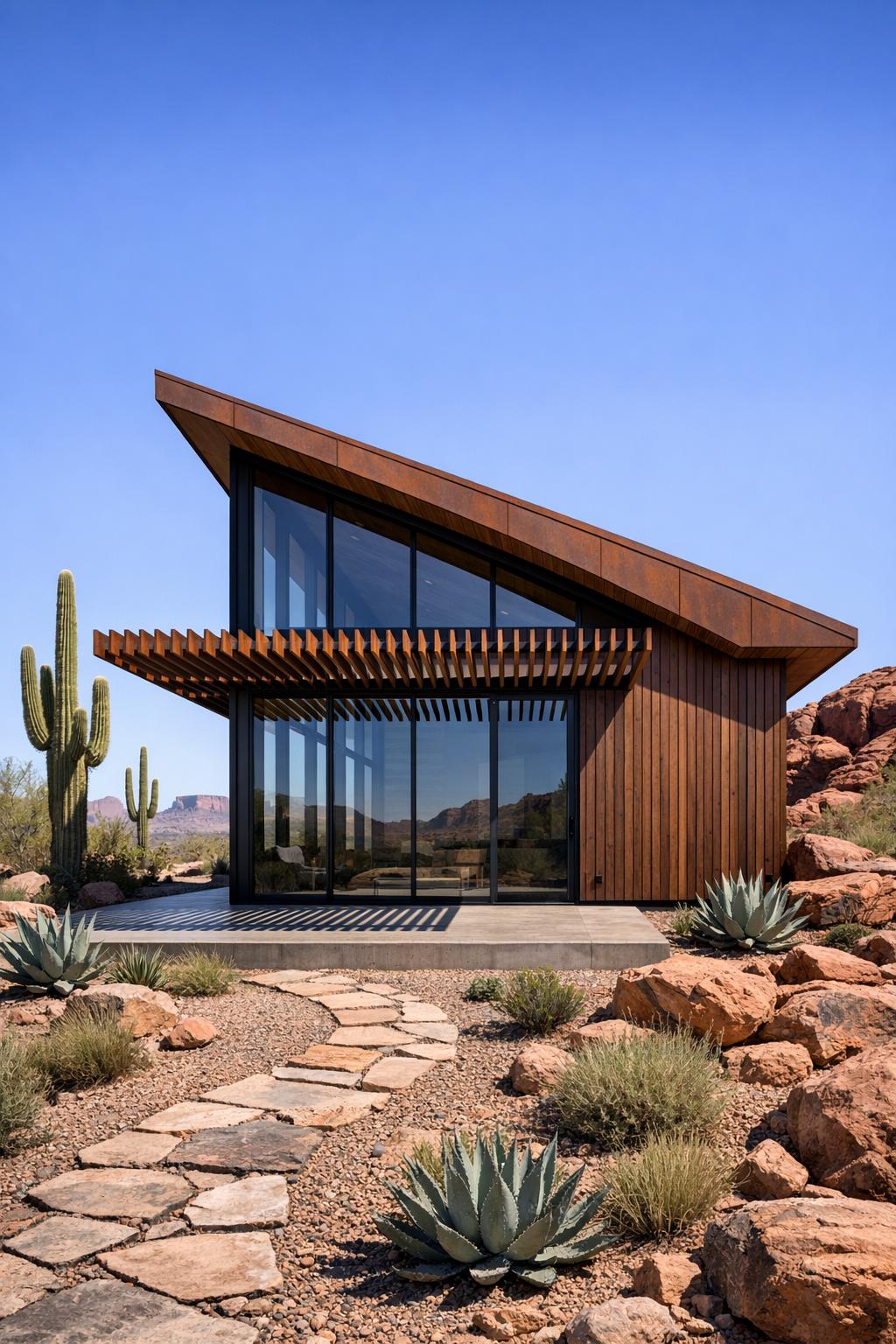 Modern timber cabin with tall glass facade framed by a sloping roof in a rocky desert landscape