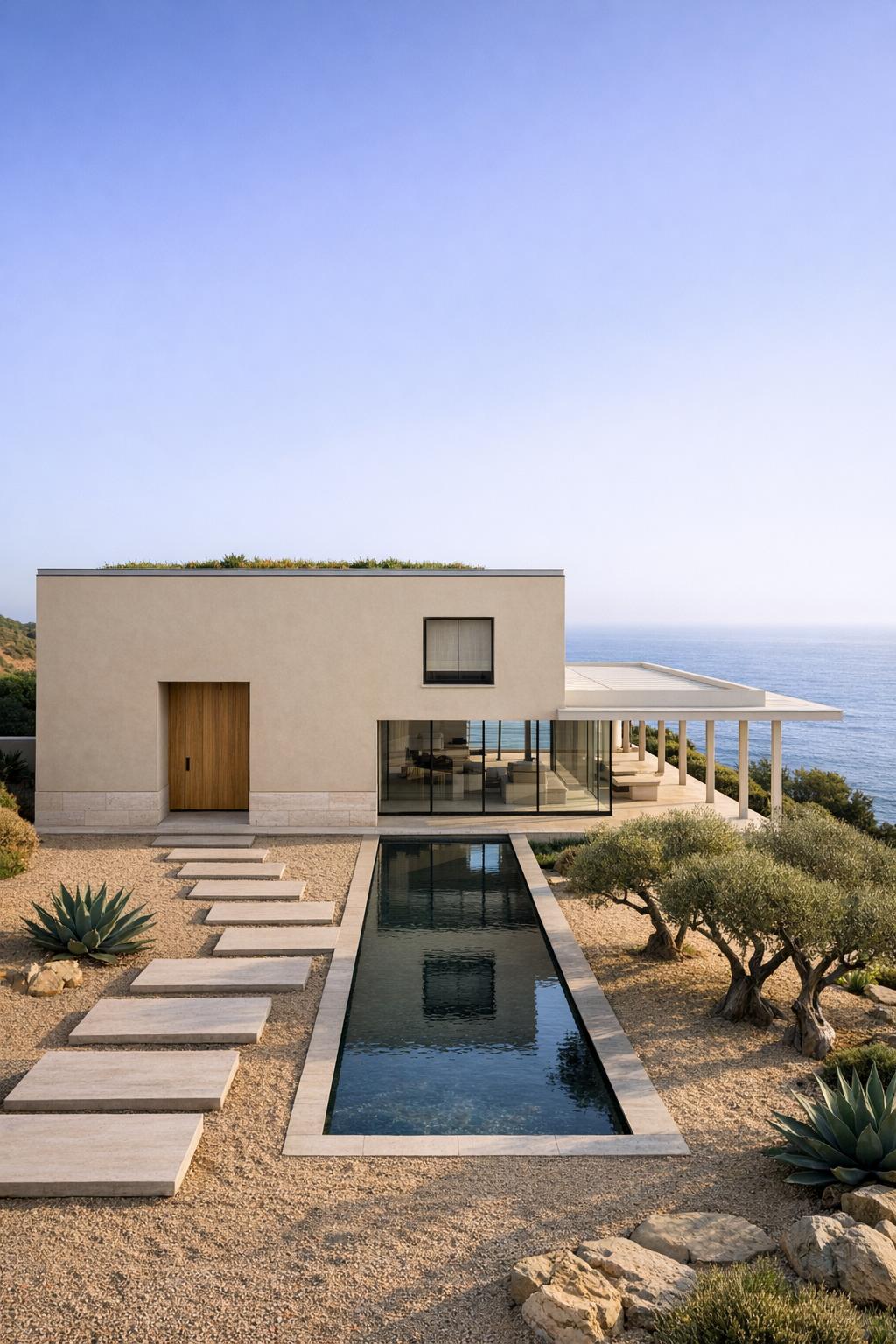 Modern coastal house with reflecting pool and glass pavilion overlooking the sea