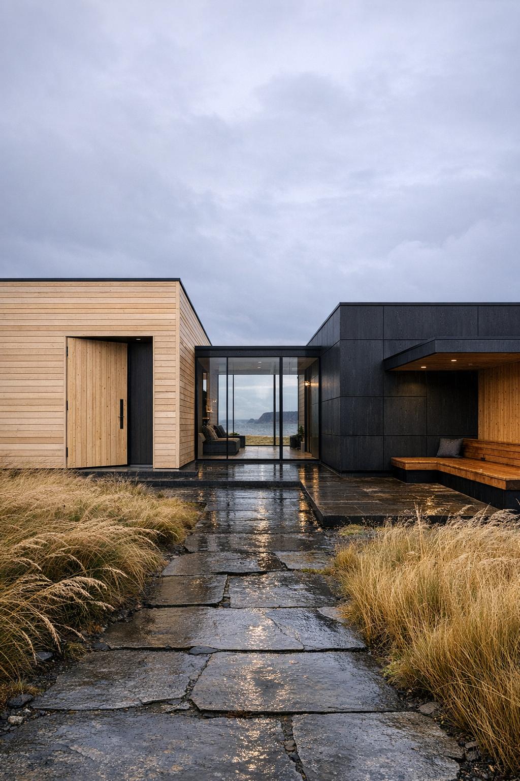 Modern Scandinavian cabin with twin volumes in light wood and dark cladding linked by a glass corridor facing the sea