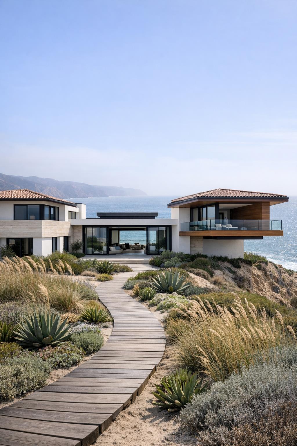Modern coastal villa with glass-front terraces overlooking the ocean and a winding boardwalk through drought-tolerant gardens