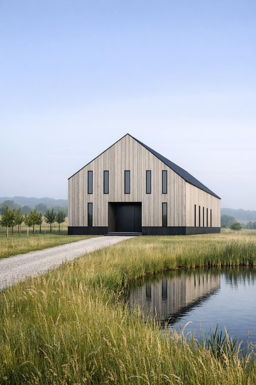 Modern barn-style house beside a small pond in an open meadow