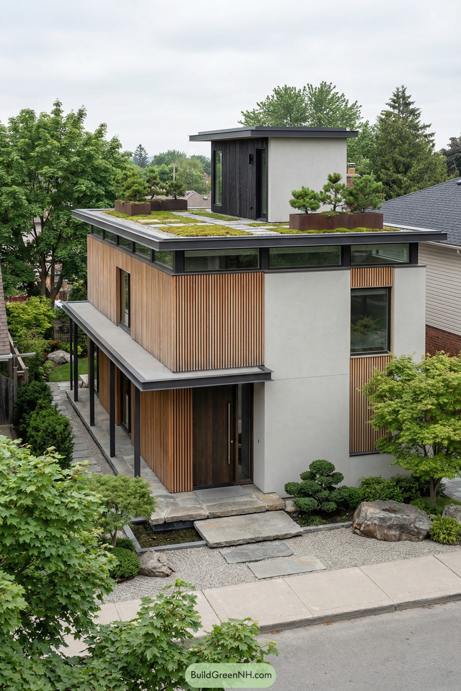 Modern two-story house with layered green roof and wood slat facade