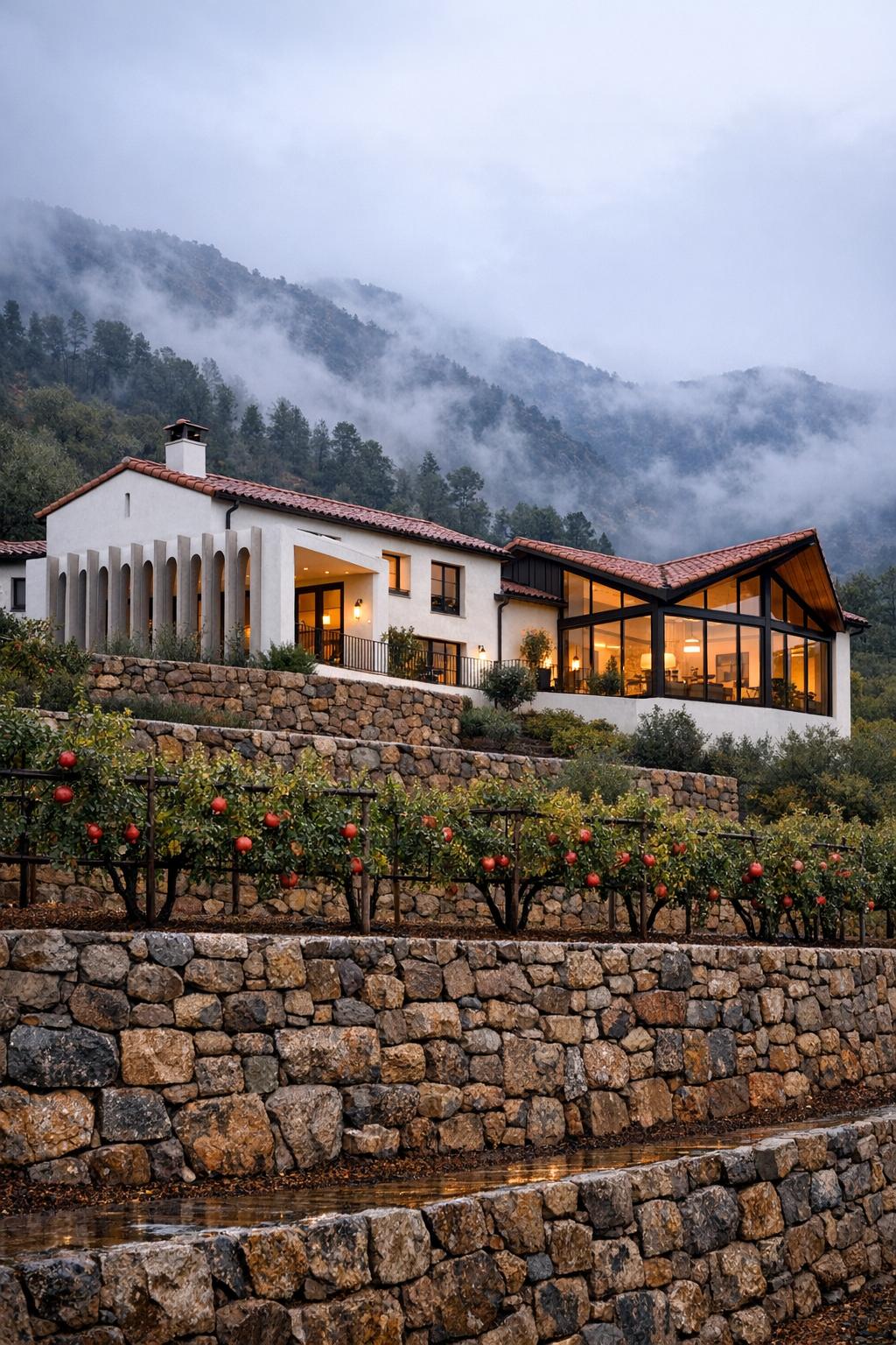 White hillside villa with terraced stone walls and fruit garden overlooking misty mountains