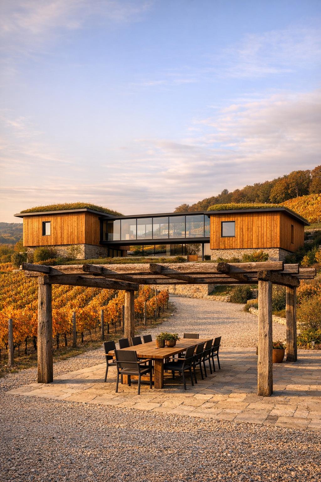 Modern wood and glass house overlooking vineyard with rustic outdoor dining pergola