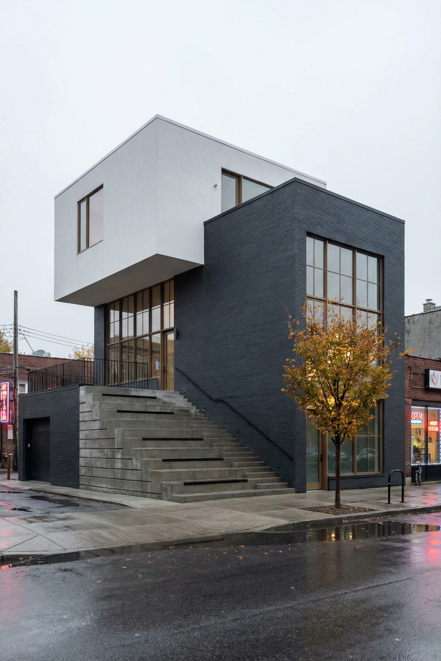 Modern corner house with large tiered concrete exterior staircase against dark brick facade