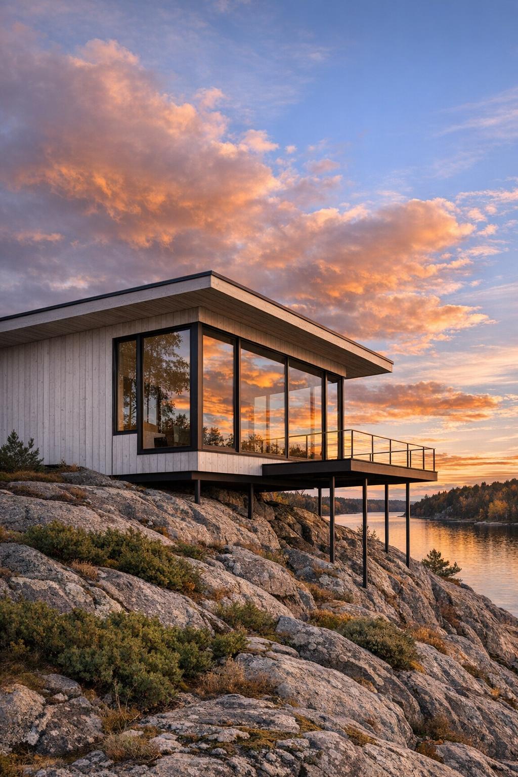 Modern glass cabin perched on rocky shoreline at sunset