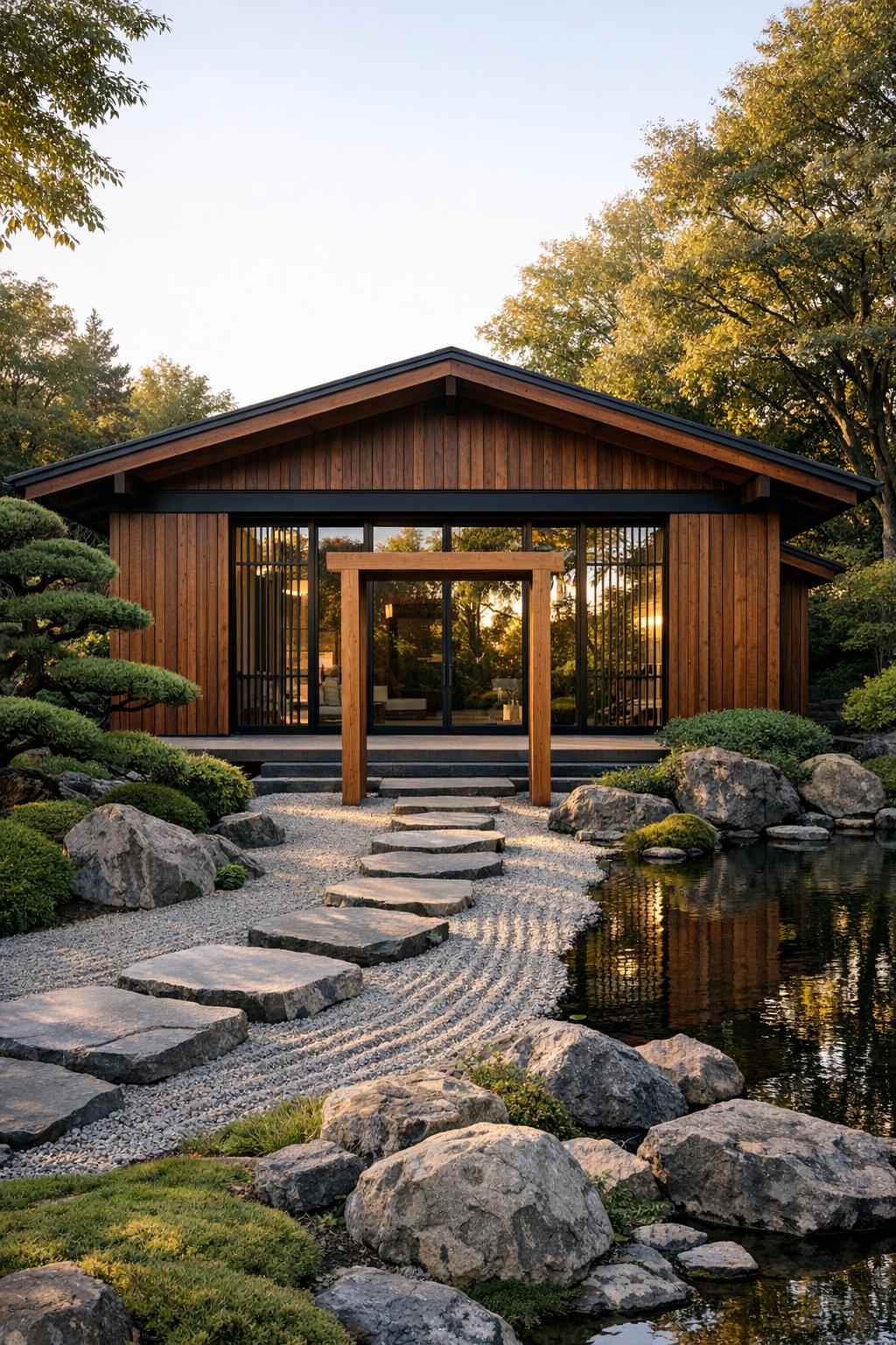 Timber cabin with large glass front, framed by a zen garden path and reflective pond