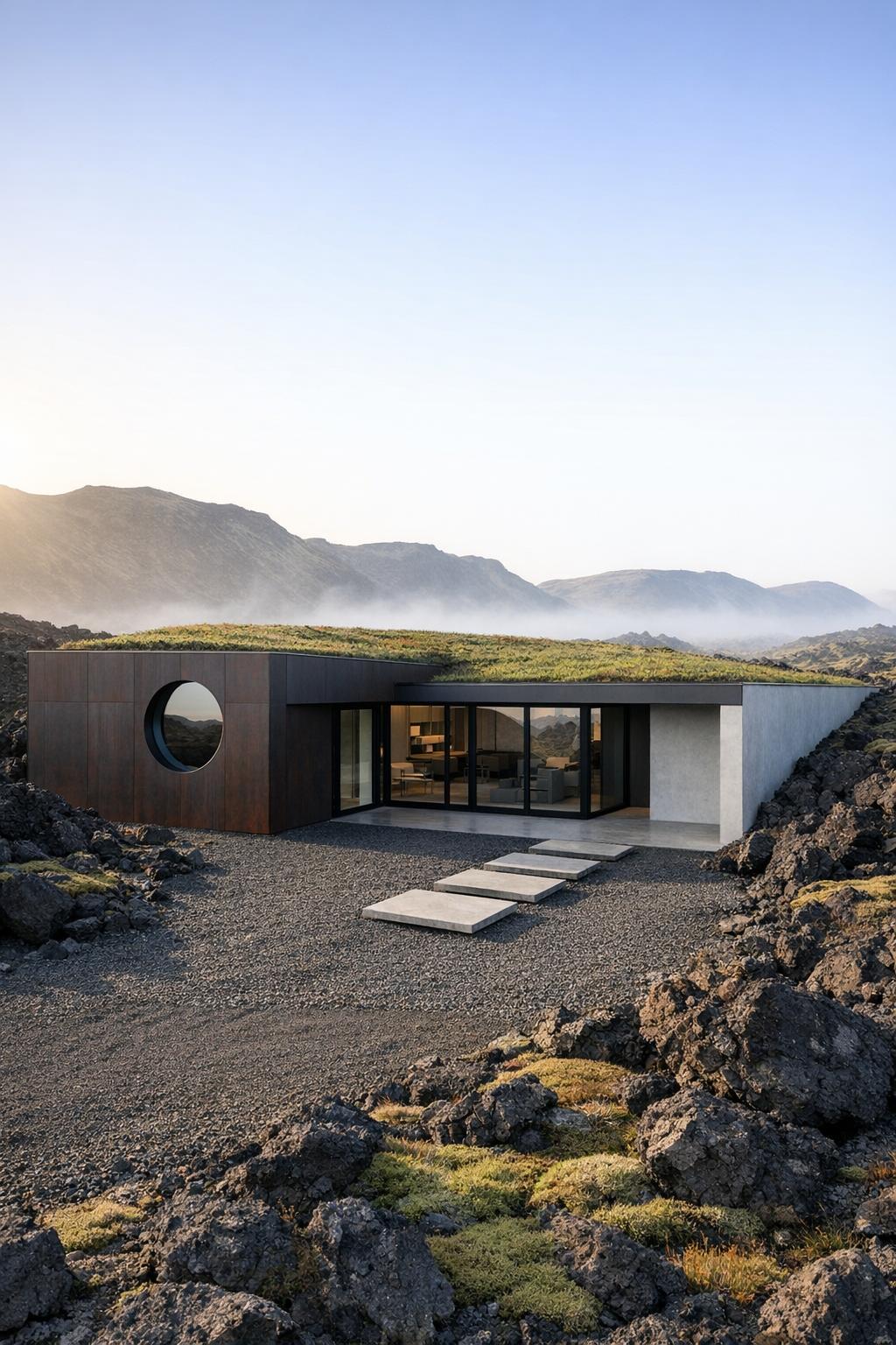 Low modern house with green roof set in rocky volcanic landscape and large circular window on the façade