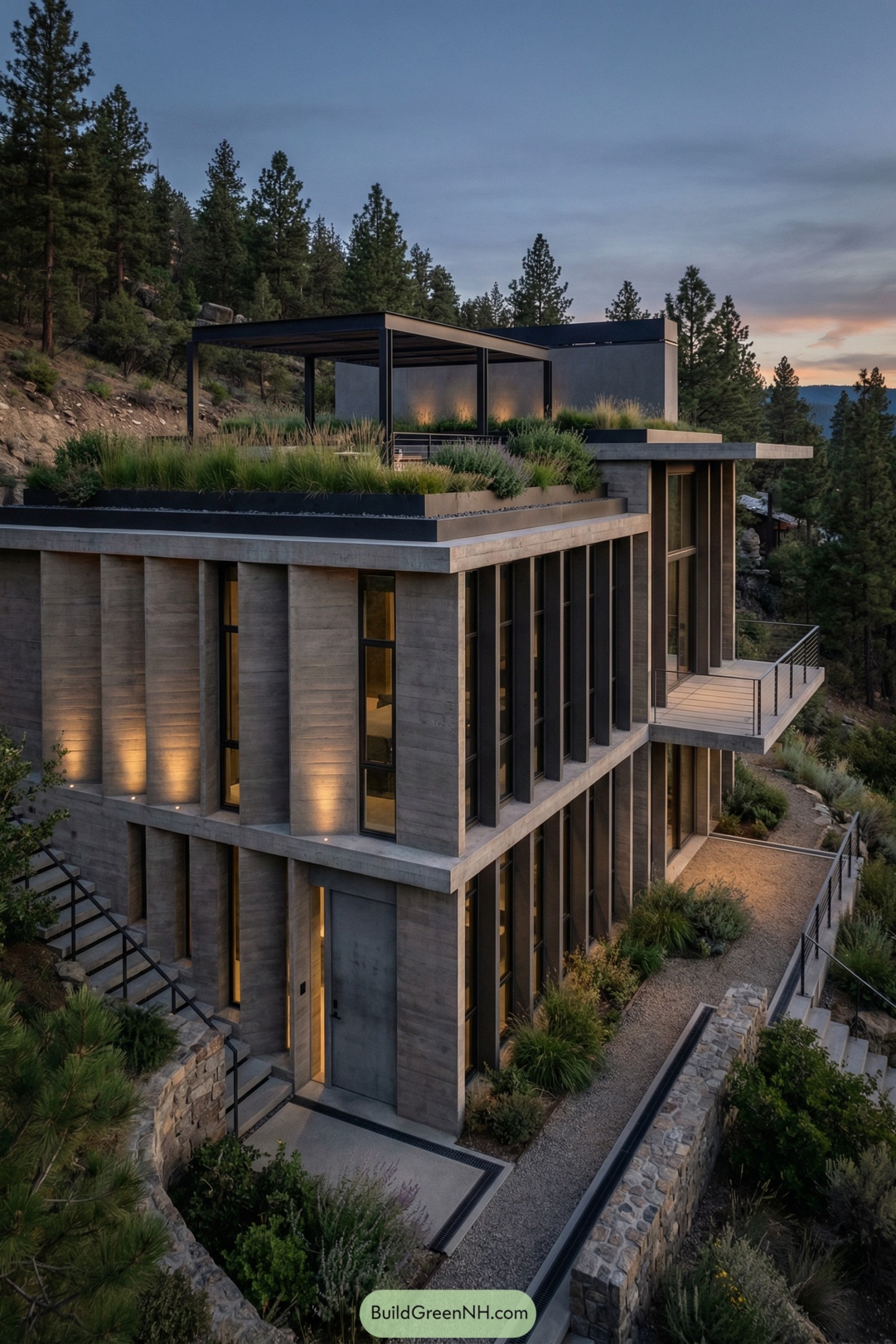 Modern concrete hillside home with lush roof garden and glass-lined terraces at sunset