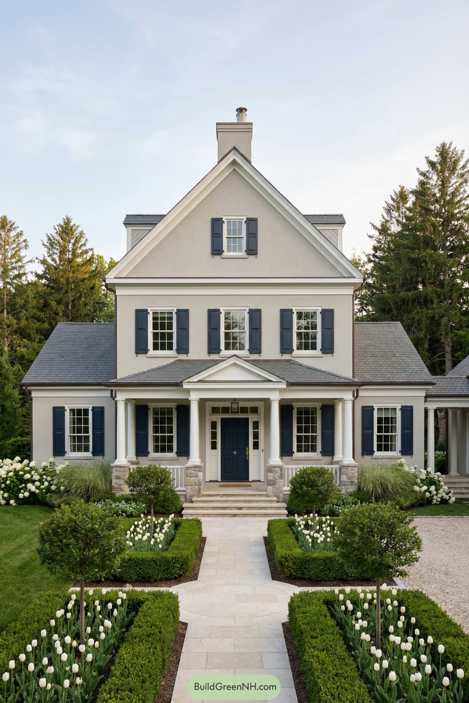 Elegant gray colonial home with blue shutters, columned porch, and formal garden walkway