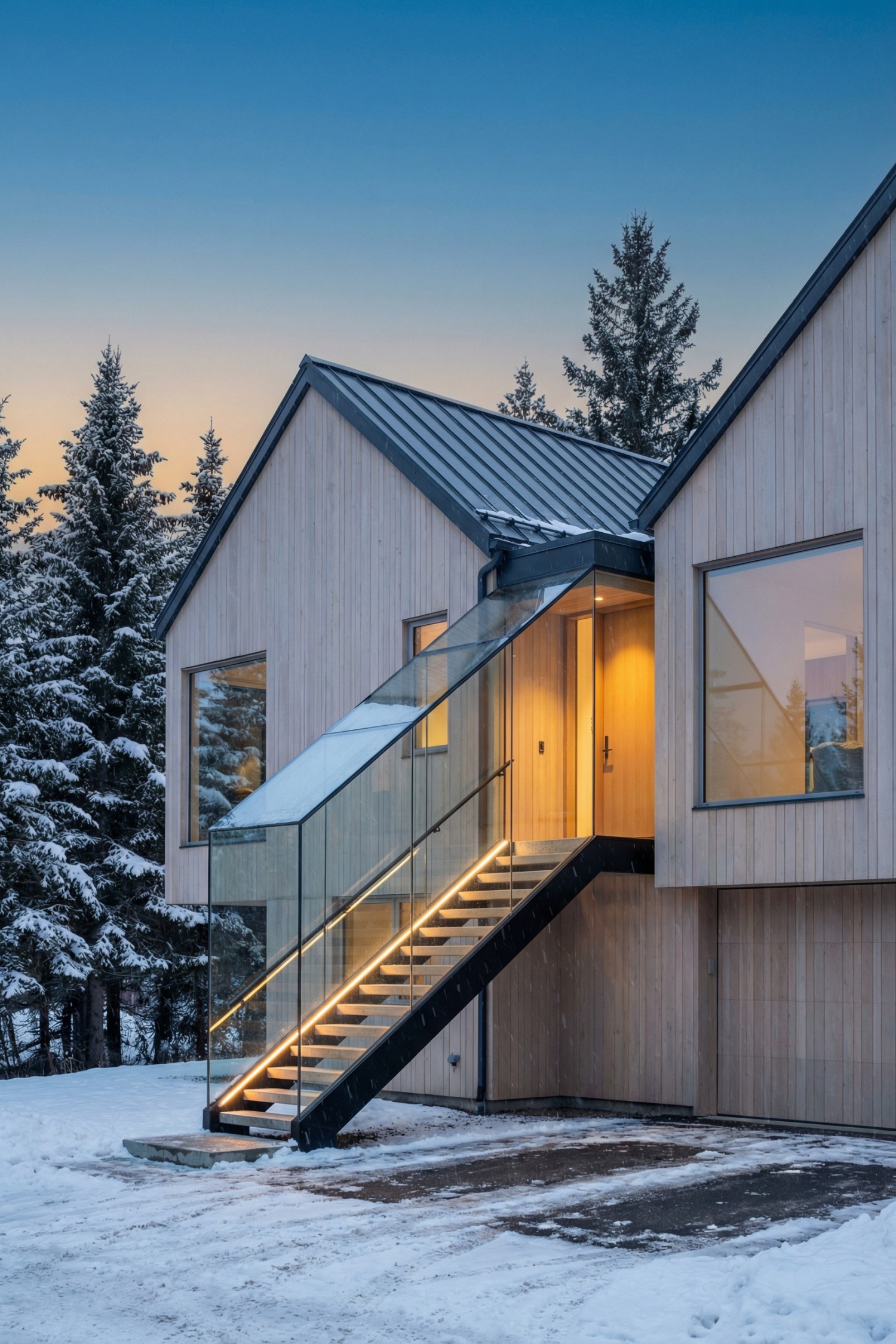 Glass-sided exterior stair with integrated lighting leading to a modern wood-clad upper entrance in a snowy landscape