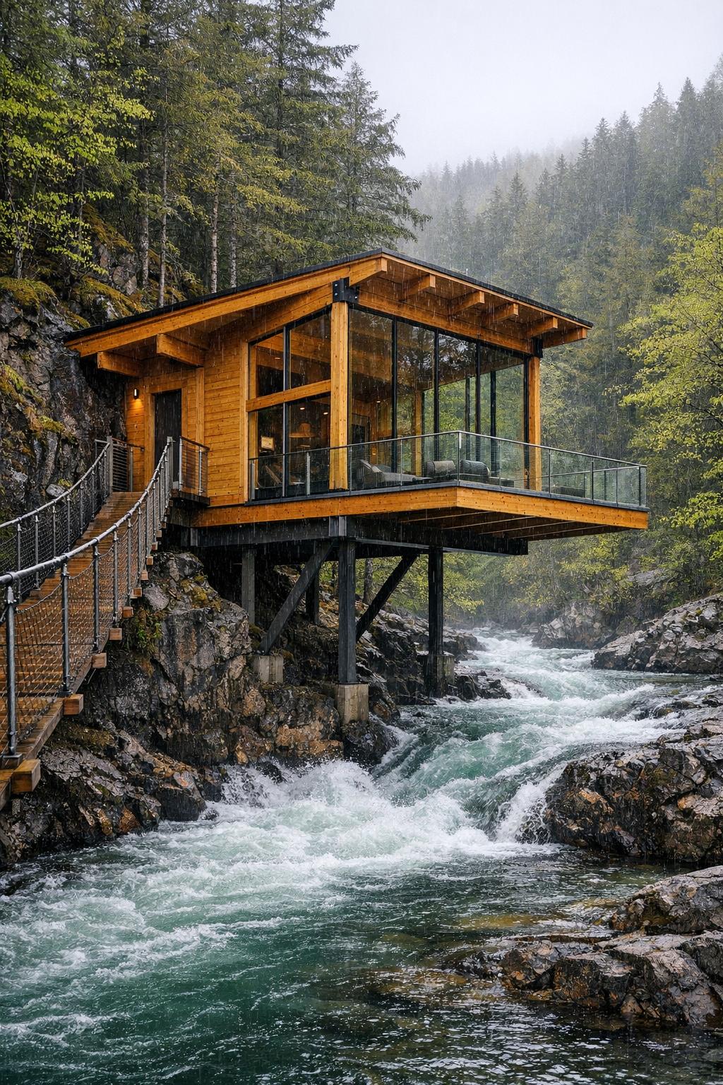 Timber cabin on stilts over rushing river with full height glazing and a rope bridge entry