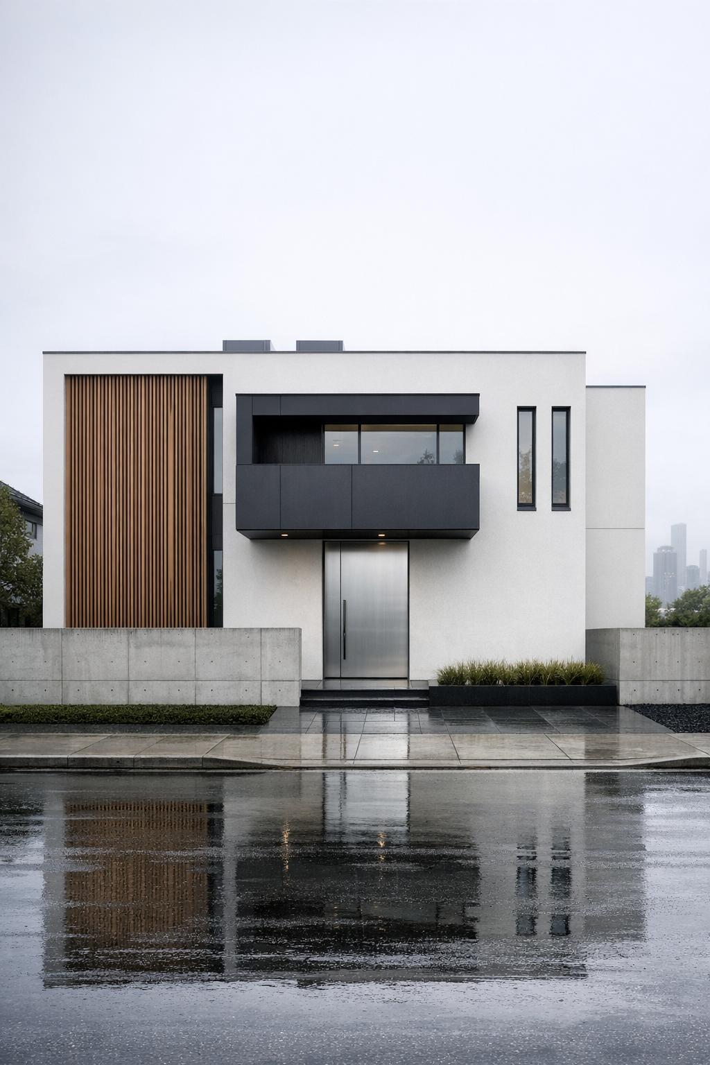Minimalist two story house with white walls black balcony and wood slat accent facing a wet city street