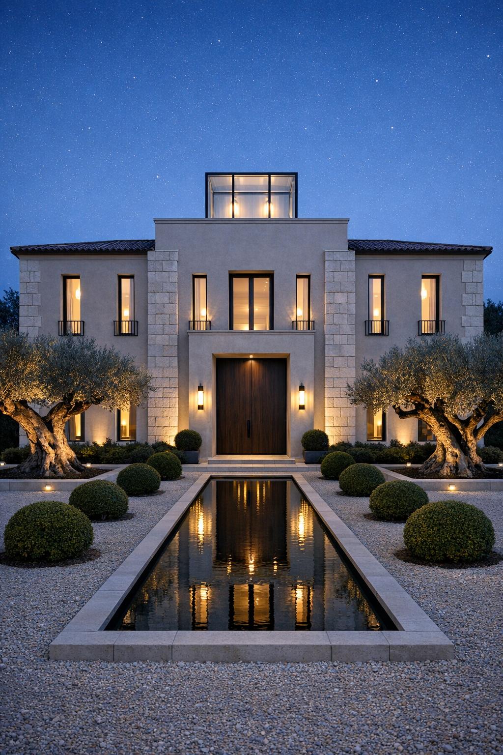 Nighttime view of a symmetrical Spanish-style villa with a long front reflecting pool and sculpted garden