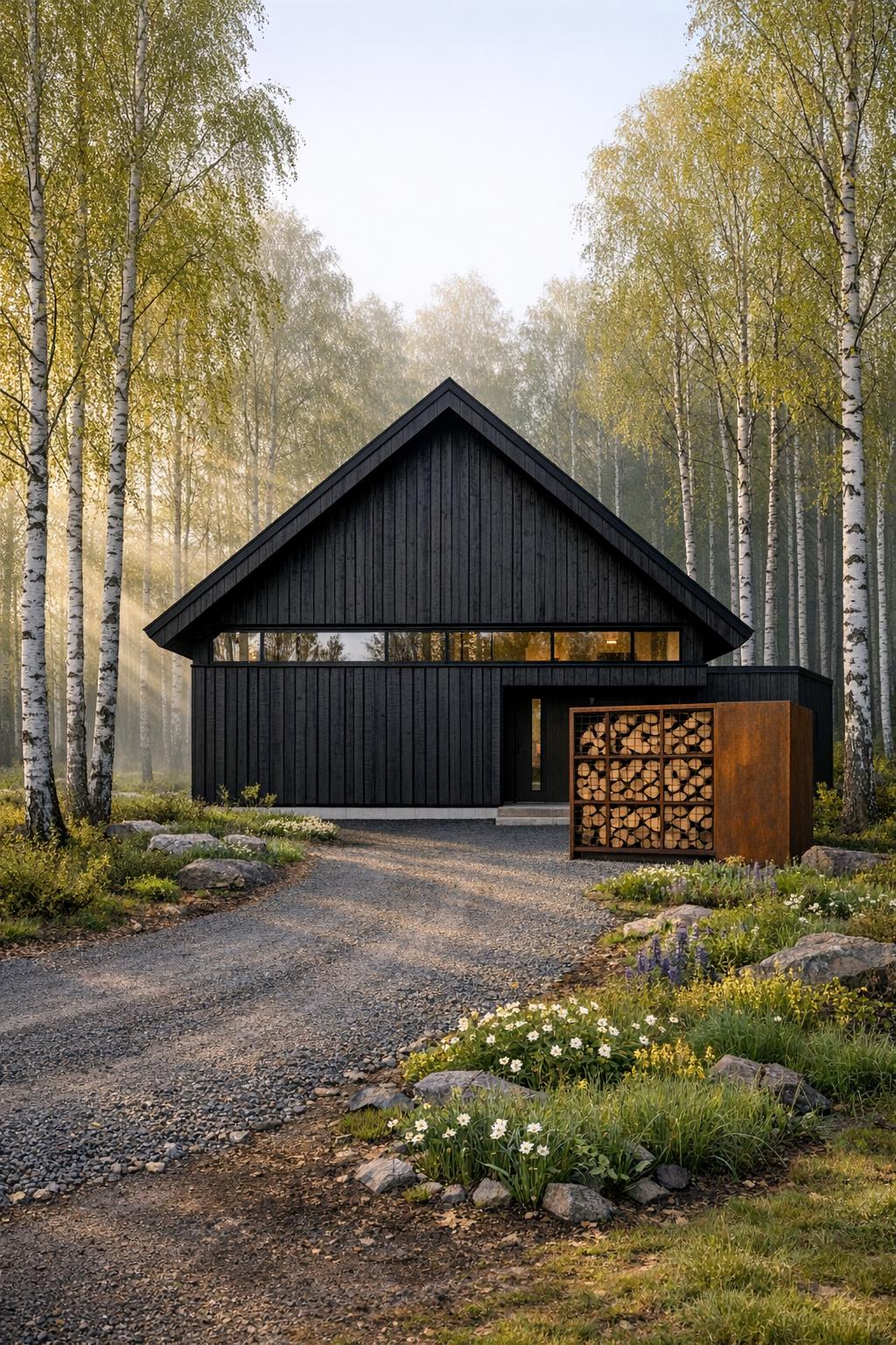 Dark timber cabin with steep roof framed by birch trees and rusted steel firewood storage