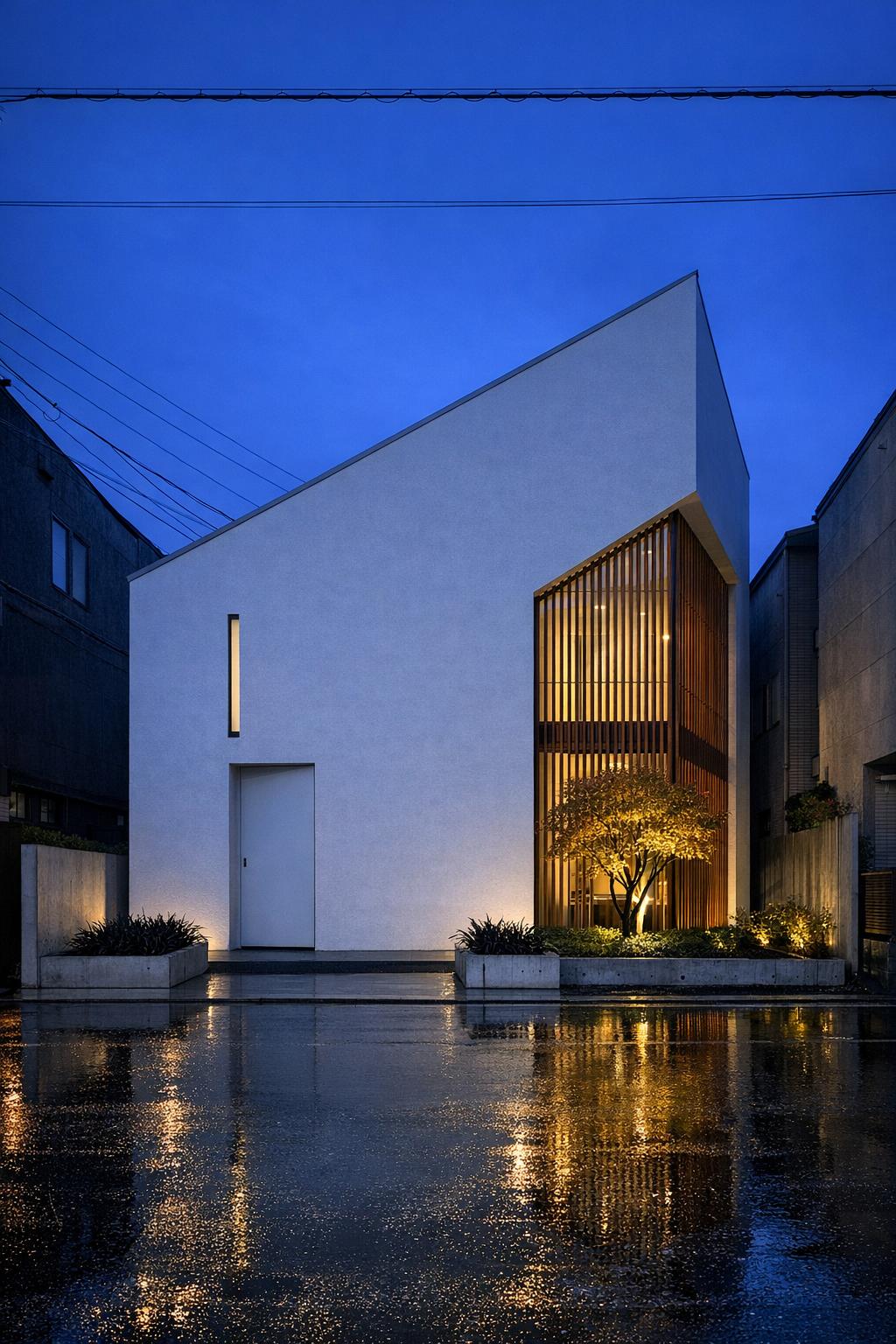 Minimalist white house with sloped roof and glowing wooden screen around a small courtyard tree at night