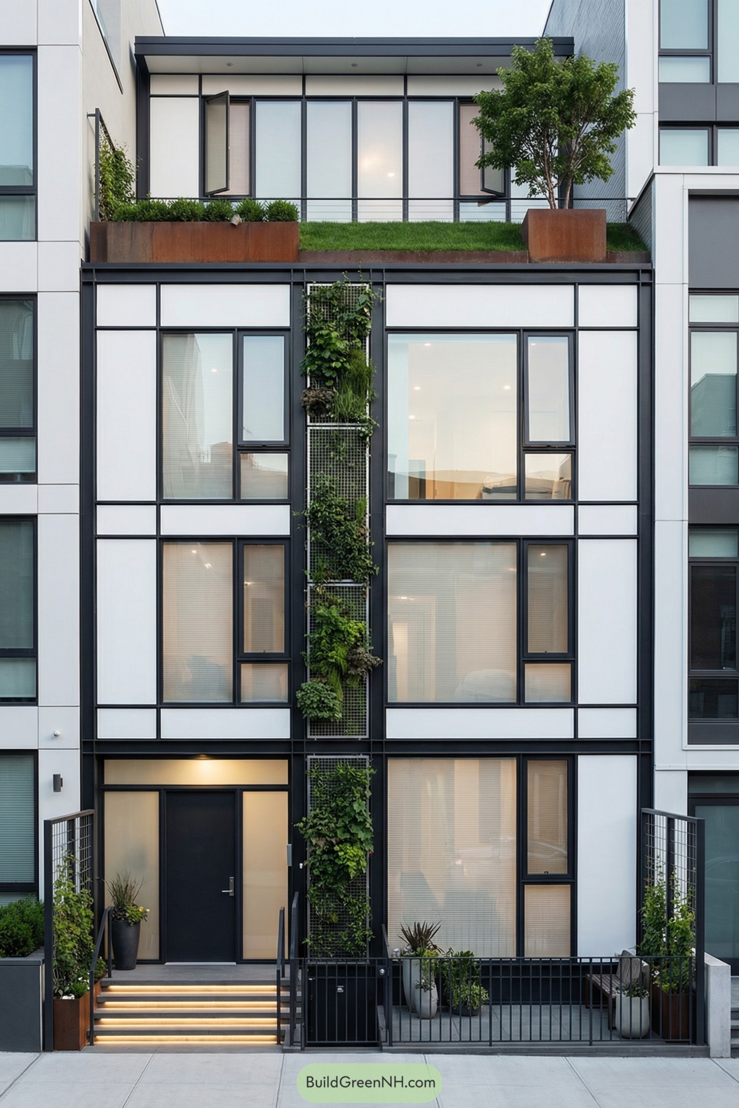 Modern townhouse facade with rooftop lawn and vertical greenery