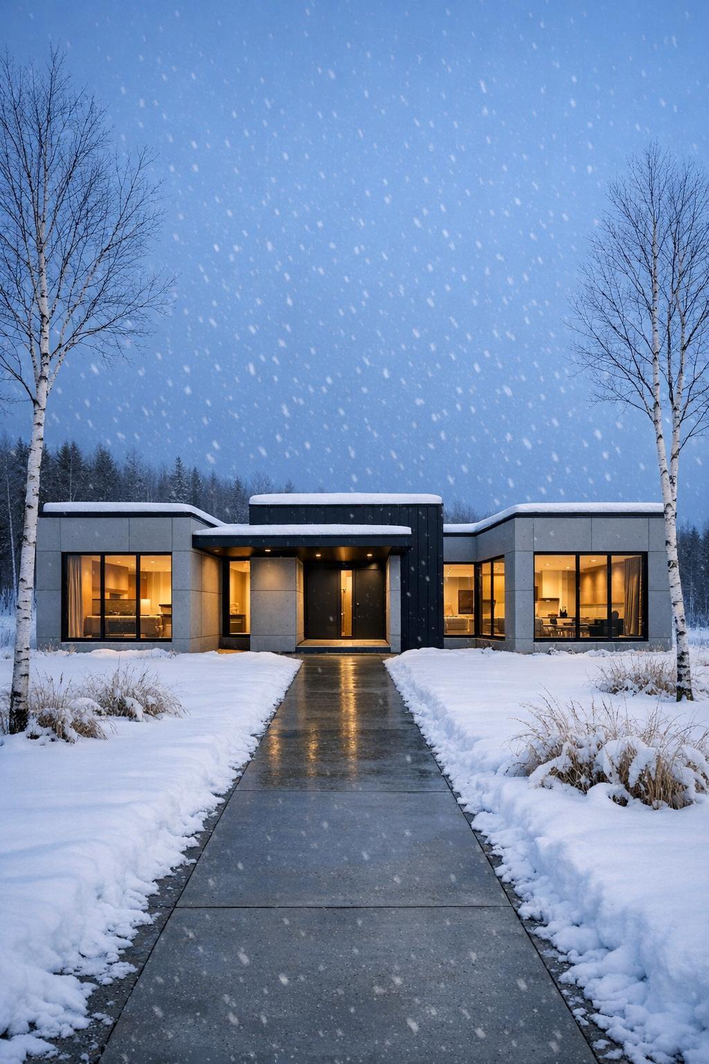 Modern single-story house in falling snow