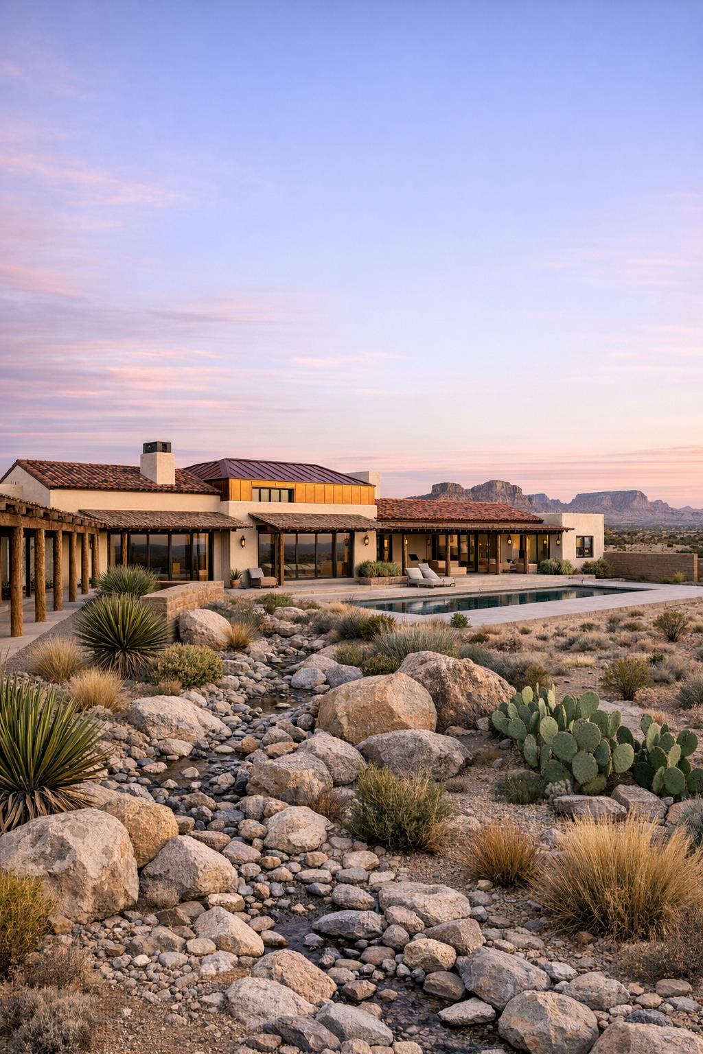 Modern Spanish-style desert villa with pool and rocky xeriscape garden at sunset