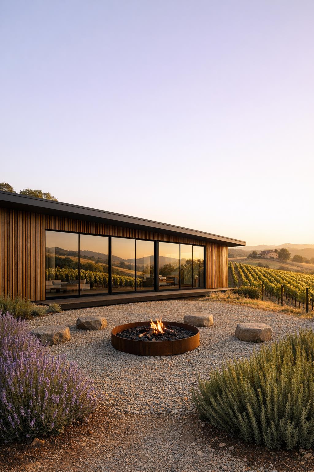 Modern timber cabin with full glass facade overlooking vineyard and central gravel firepit
