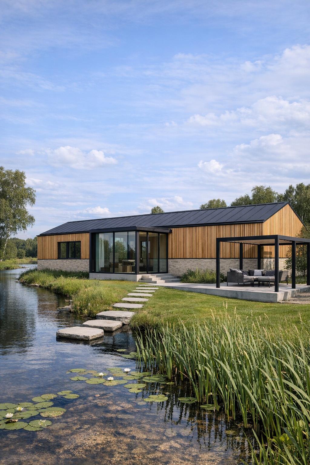 Modern timber and glass cabin by a calm pond with stepping stones and outdoor seating