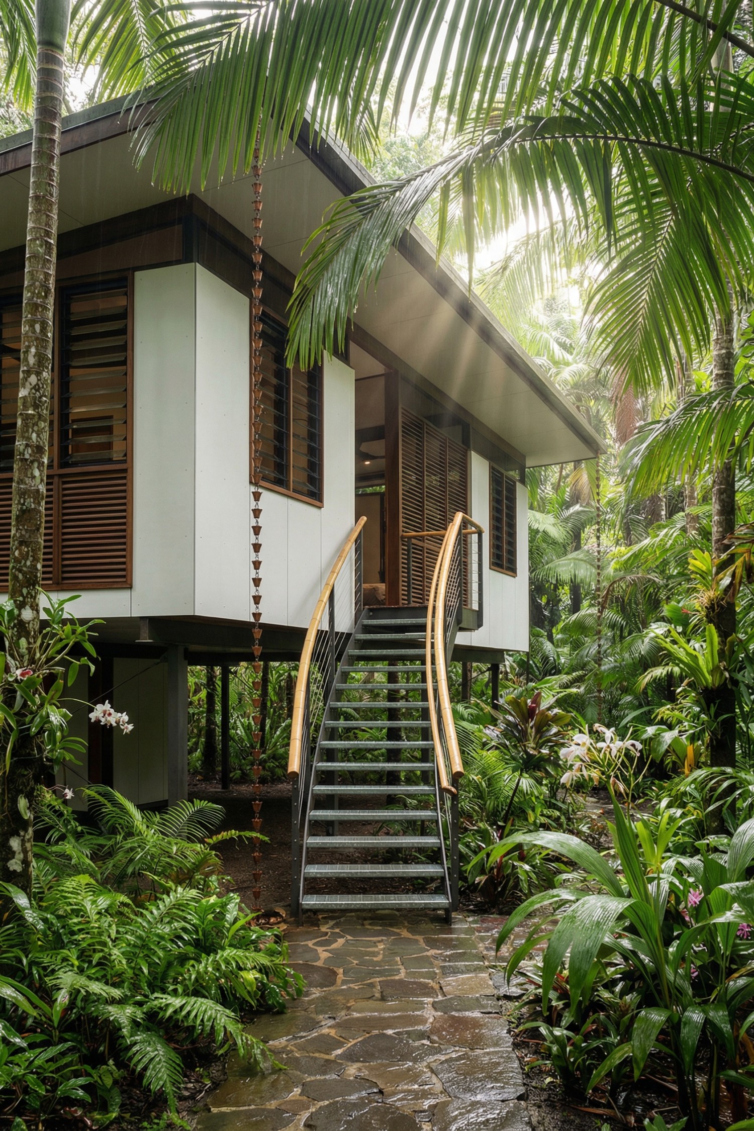 Curved metal staircase with timber rails leading to a stilted modern house in lush tropical planting