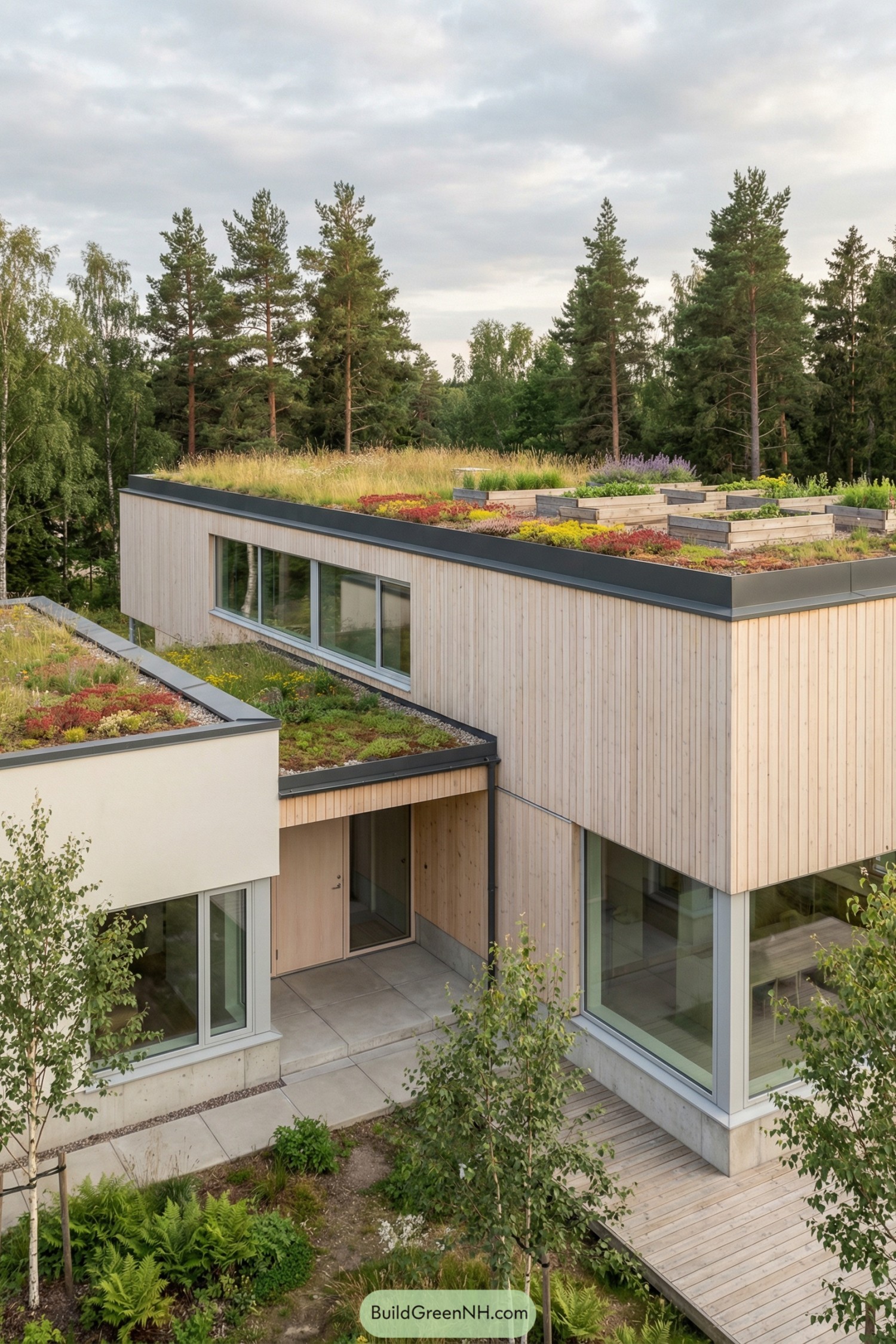 Modern two story wood clad house with layered green roof gardens amid tall trees
