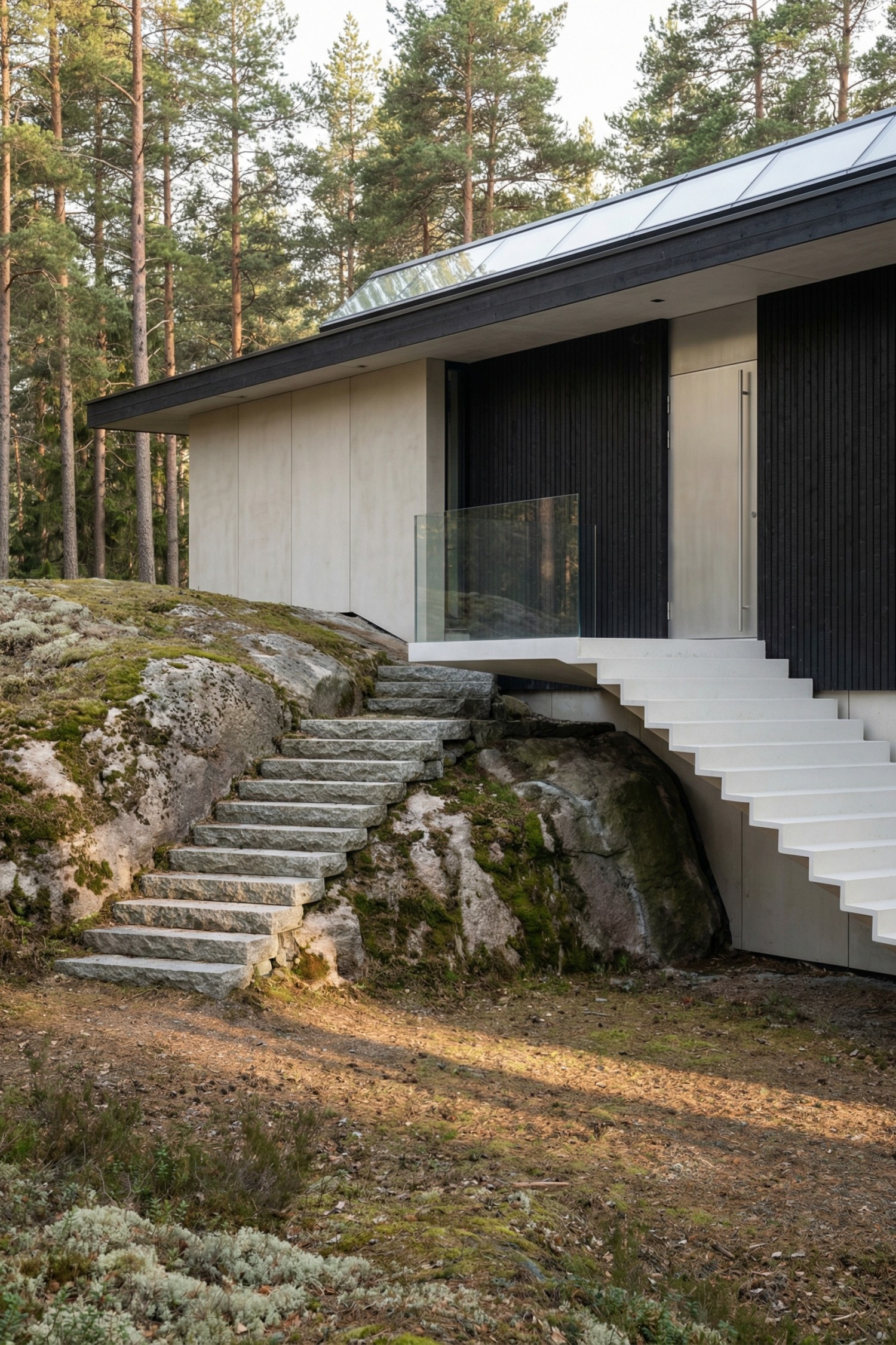 Modern house entry with stone hillside steps meeting a white cantilevered stair over natural rock