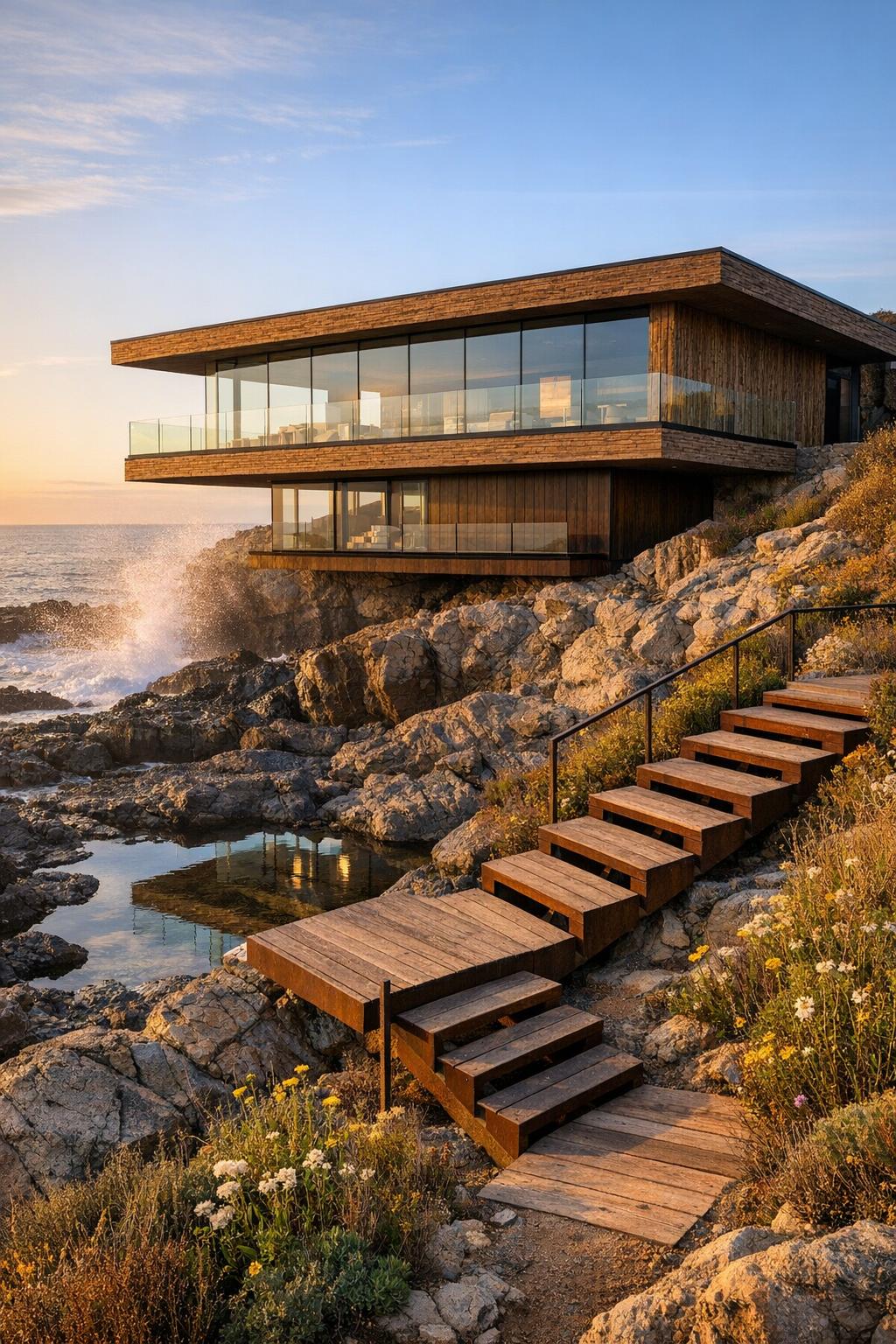 Modern two story wood and glass house perched on rocky shoreline above crashing waves at sunset