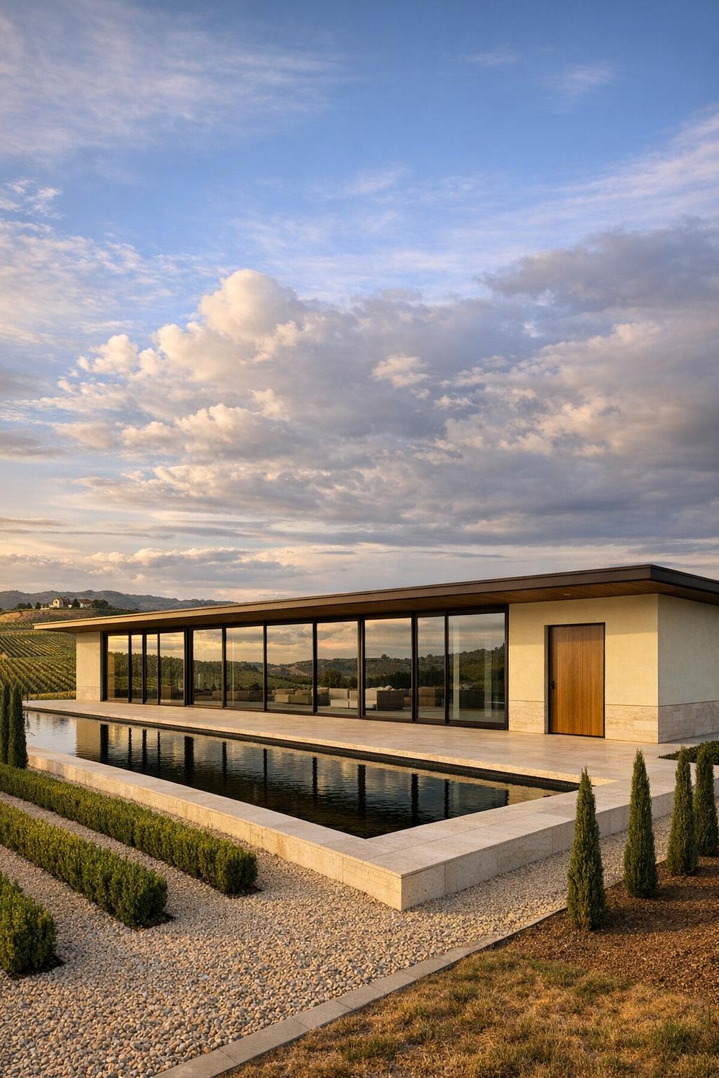 Modern single-story glass house beside long reflecting pool in a manicured vineyard landscape