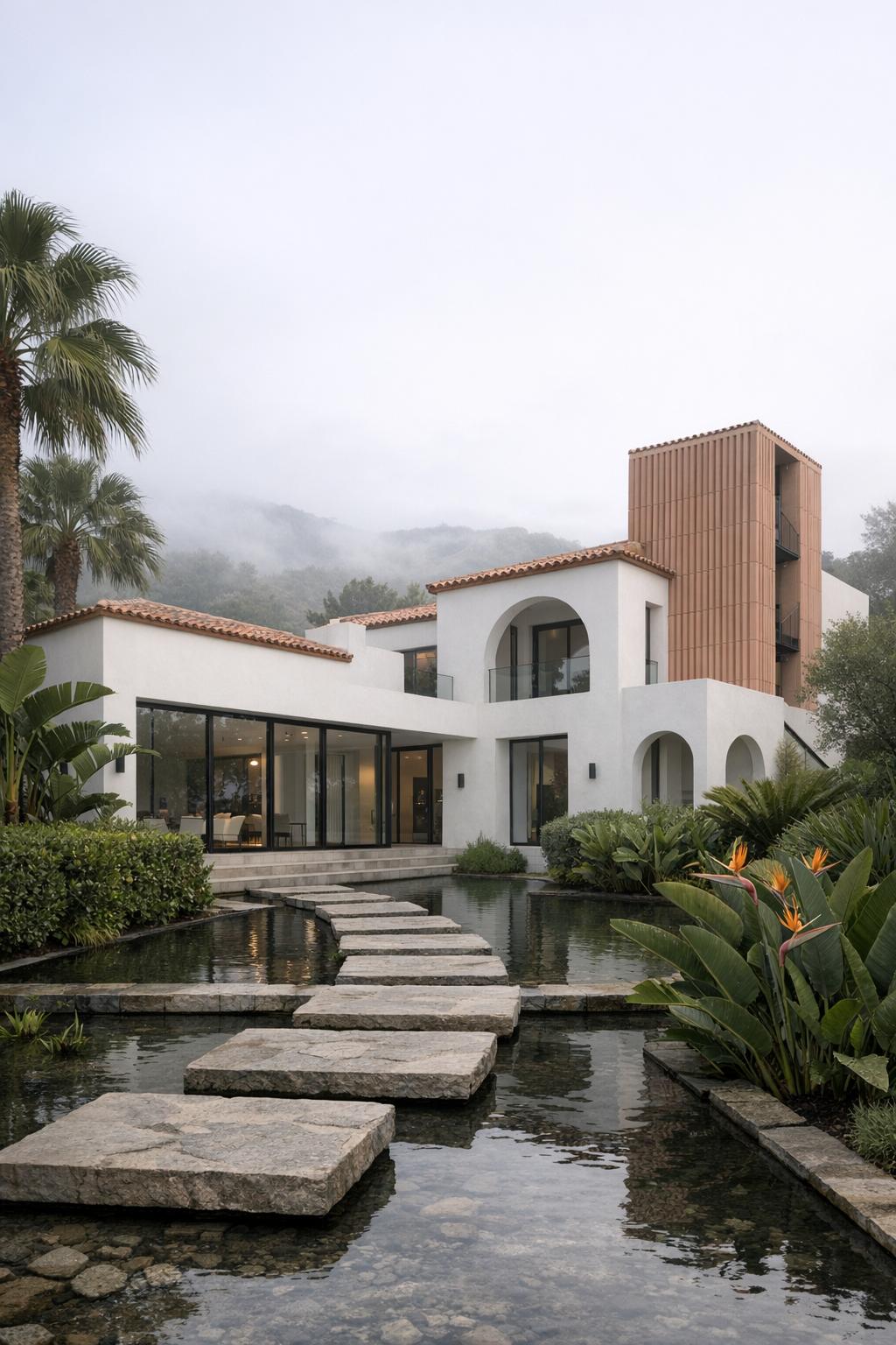 Modern white Spanish-style villa with terracotta roofs, glass walls, and a stepping-stone path across a reflective pond