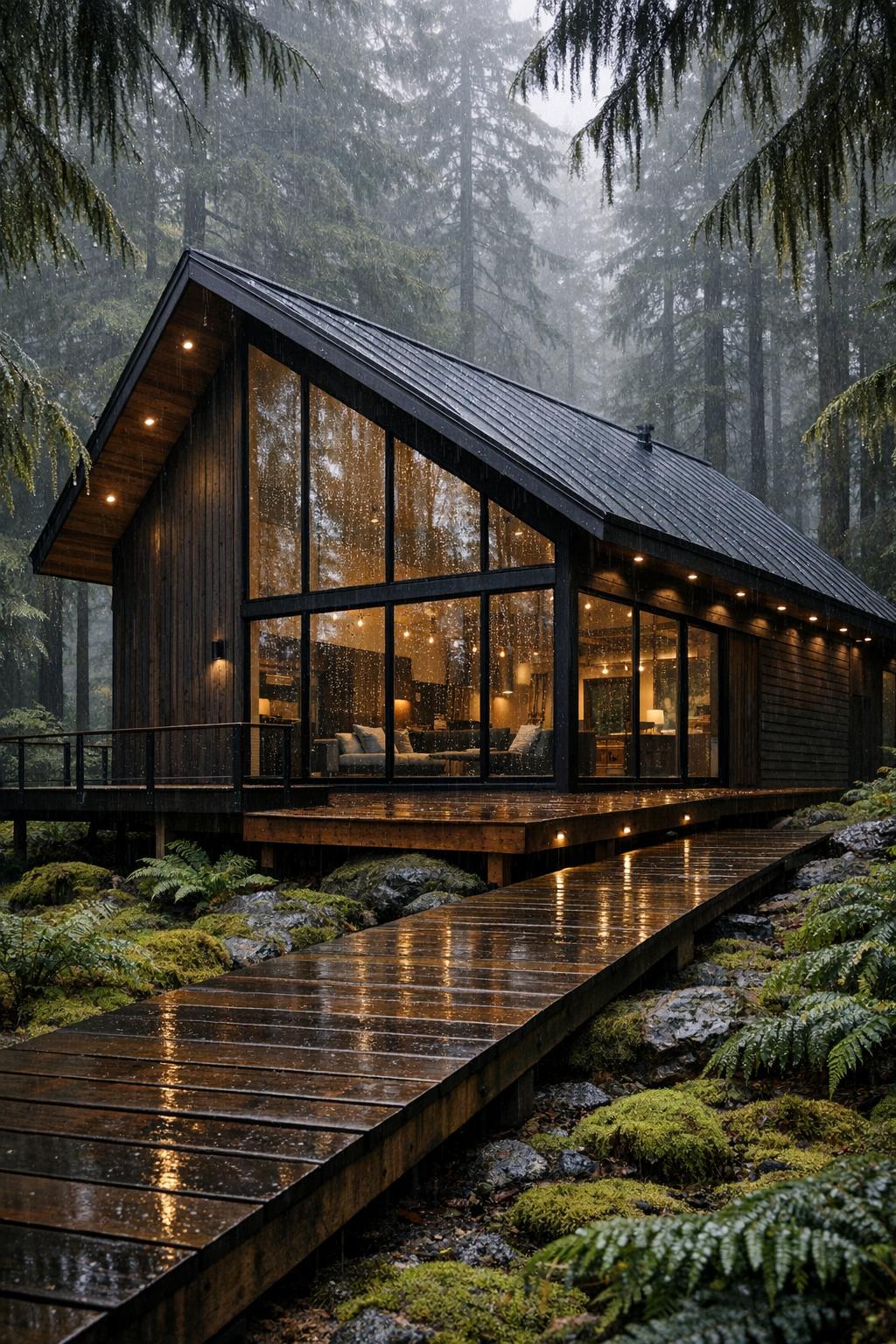 Cozy timber cabin with large glass walls in a rainy forest