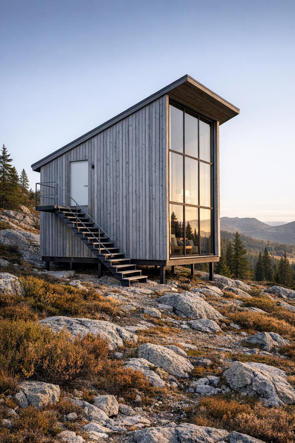 Tall narrow timber cabin with full-height windows on a rocky mountainside
