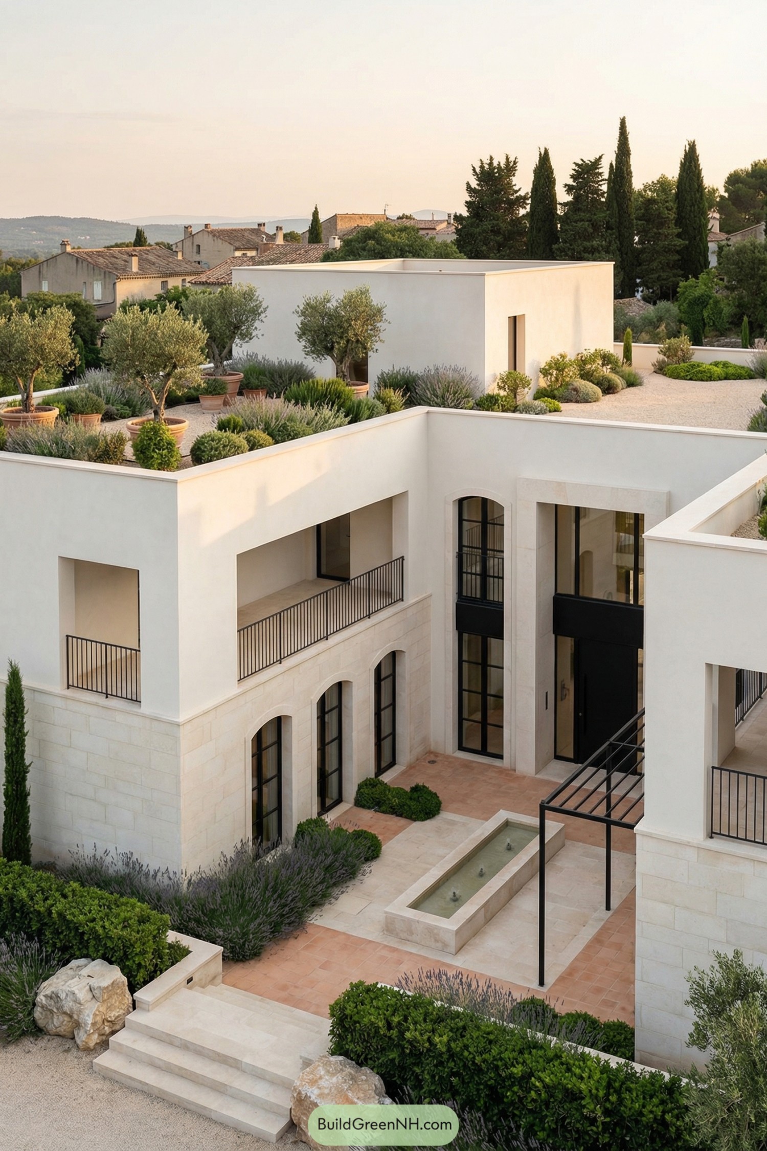 Modern white villa with layered roof garden and central courtyard fountain