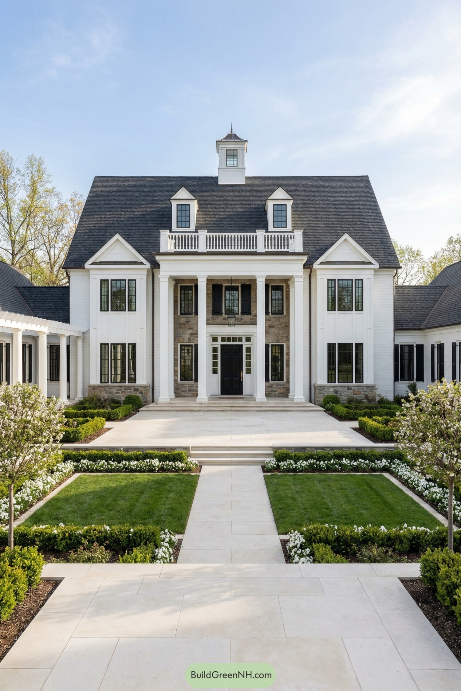 White brick colonial home with tall columns flanked by manicured lawns and formal gardens
