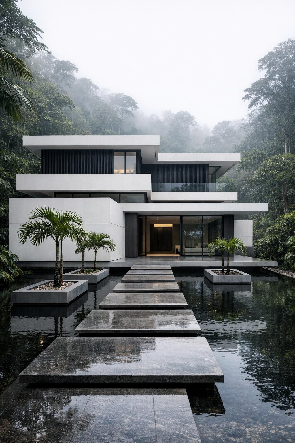 Minimalist white house with stepping stone path over a reflecting pool in a misty jungle setting