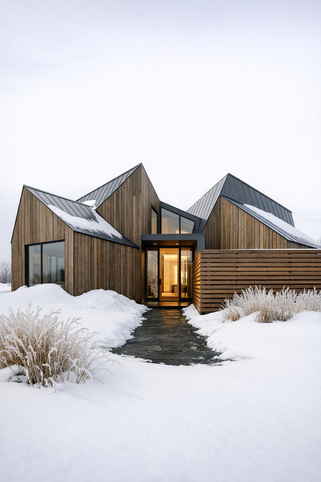 Modern wood and glass house in snow
