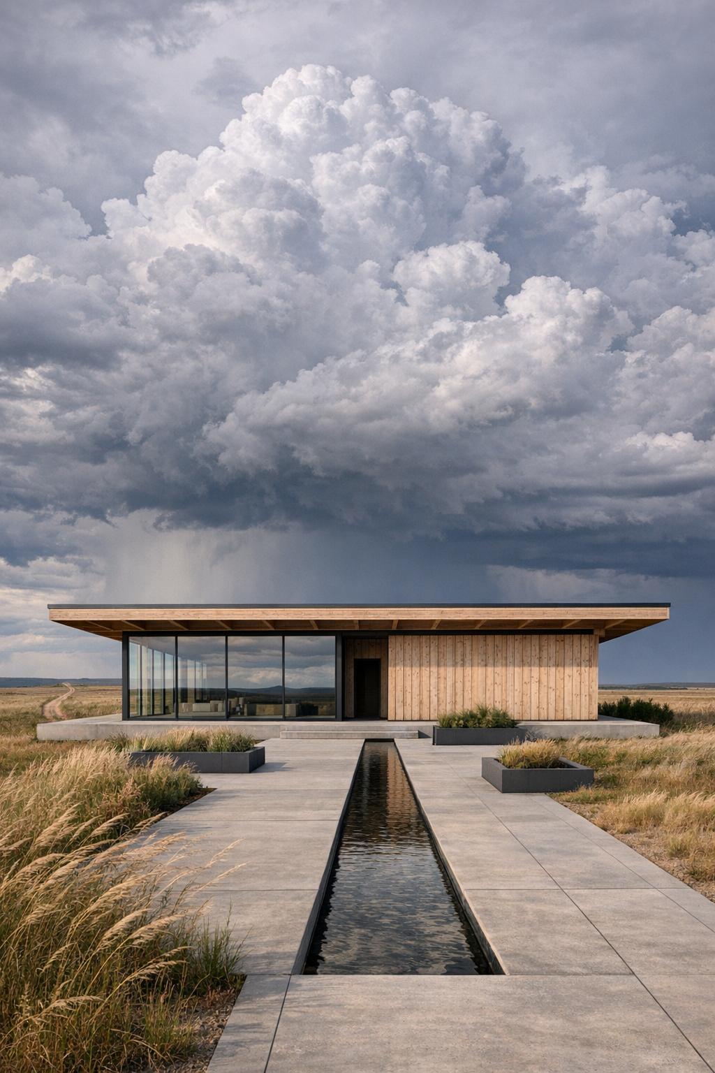 Flat roof timber cabin with large glazing and a long reflecting pool set in open grassland