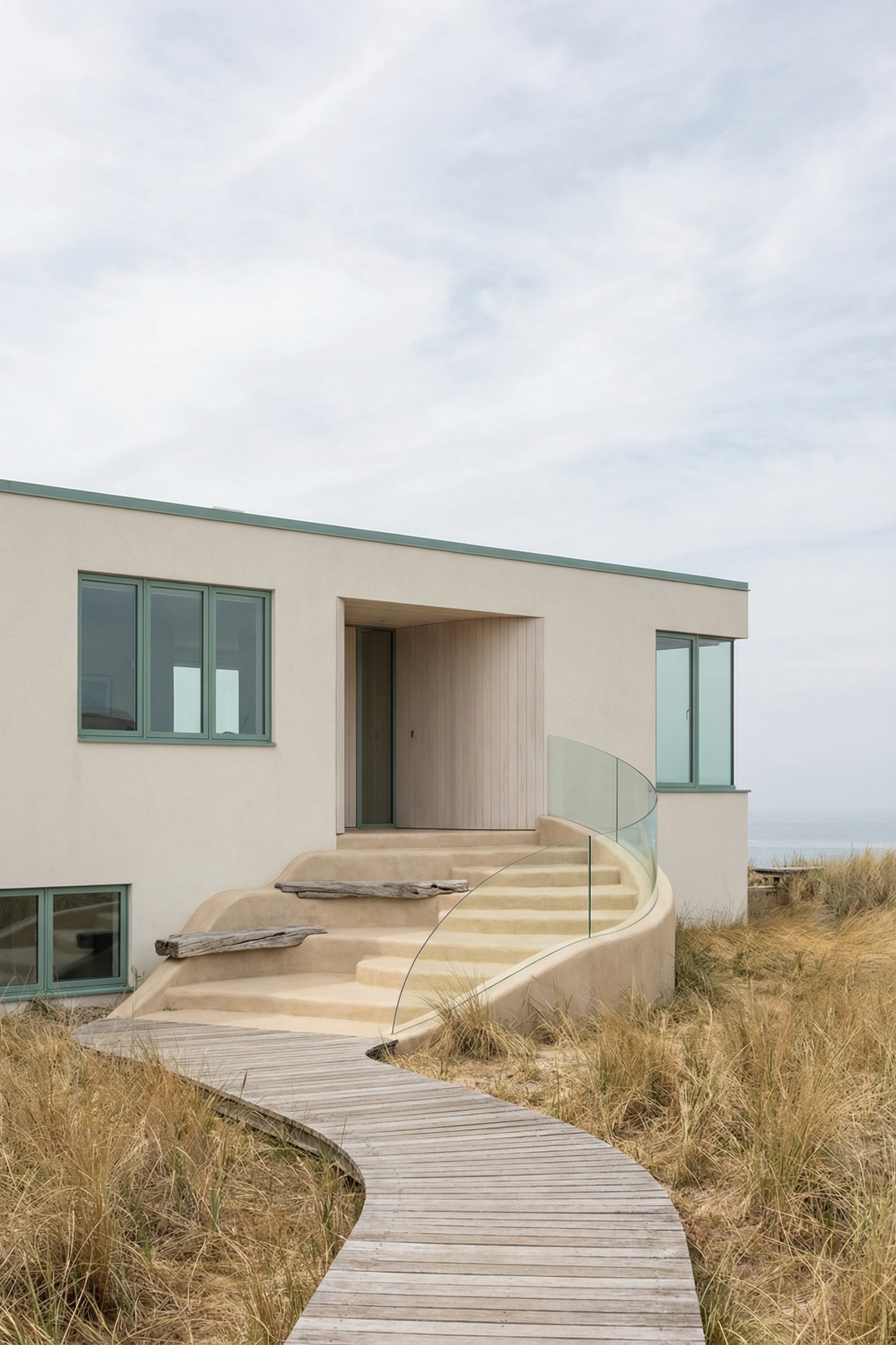 Curved dune-toned exterior stair with glass railing leading from a boardwalk to a modern beach house entrance