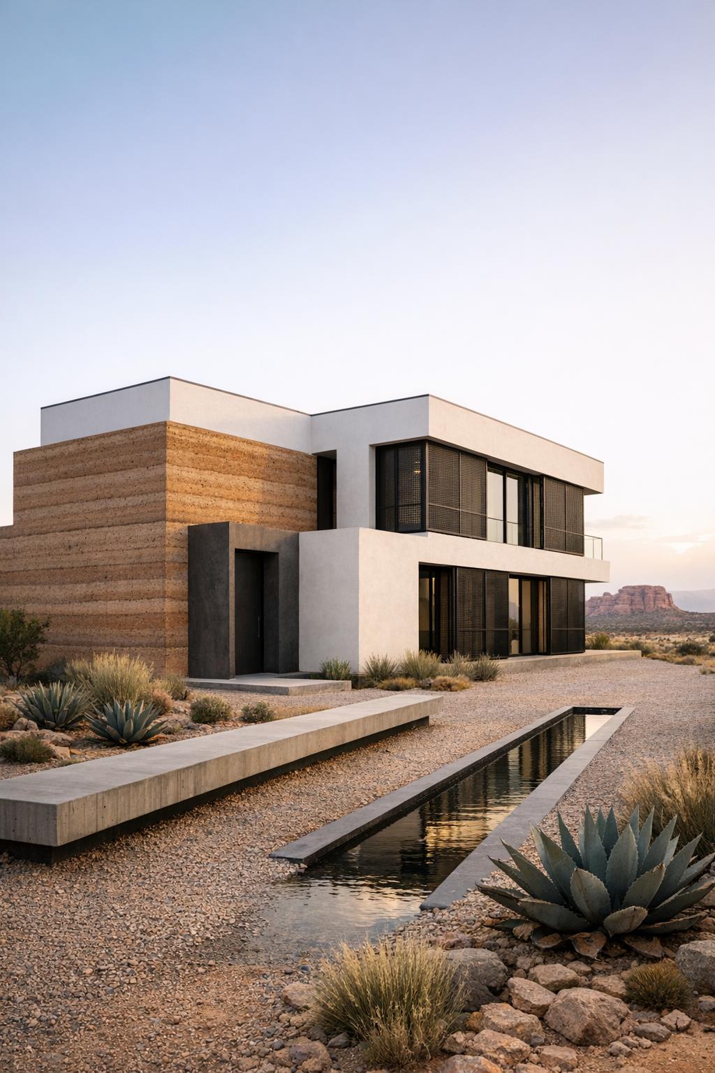 Minimalist two story desert home with rammed earth walls, white volumes, dark window screens, and a narrow reflecting pool in a rocky landscape