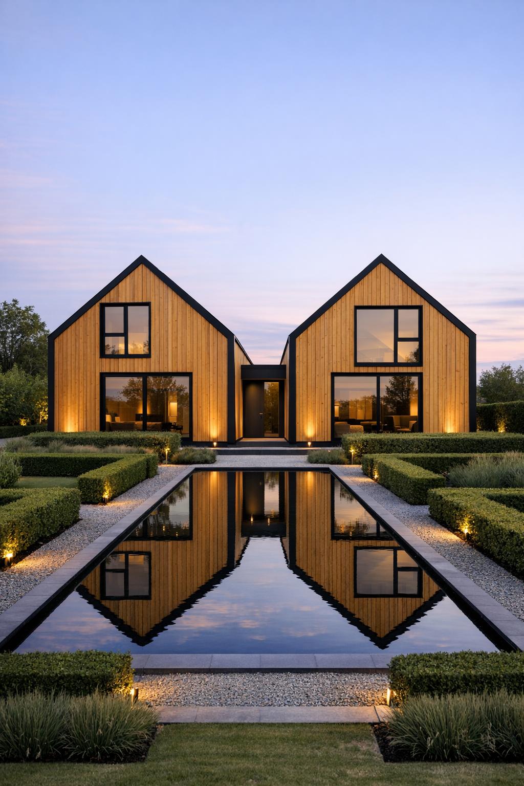 Warm timber twin gable cabin mirrored in long reflecting pool with manicured hedges at dusk