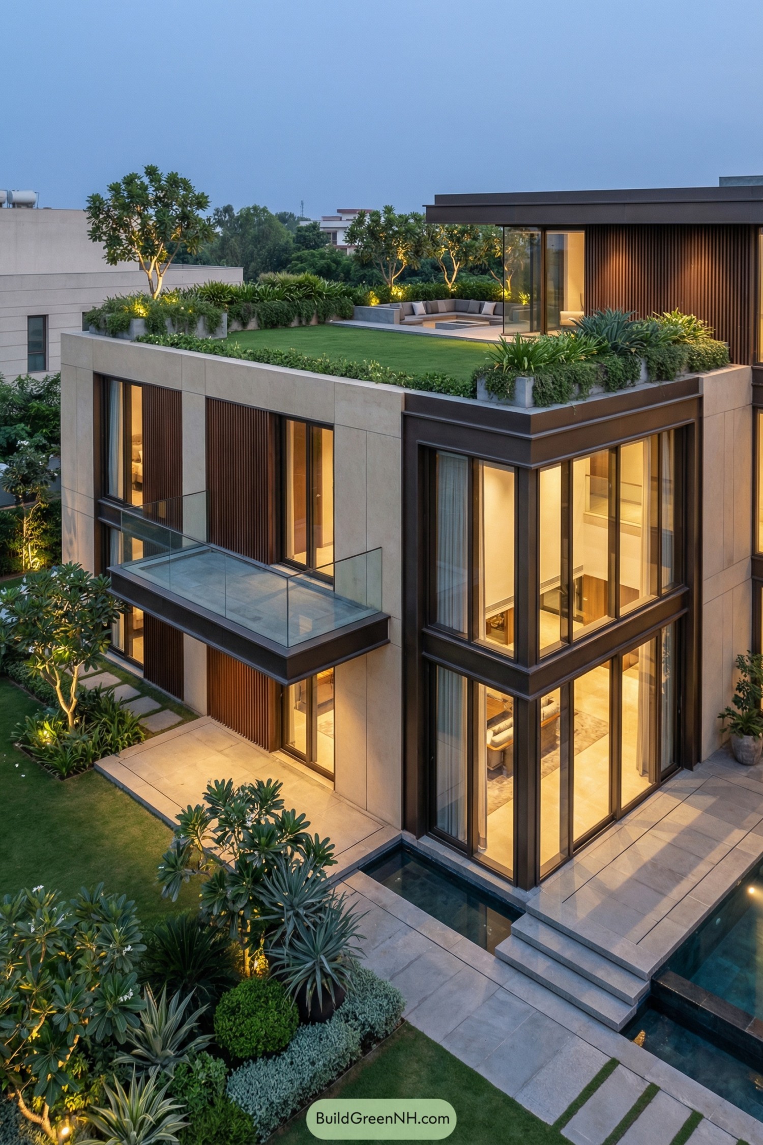 8) A high-end modern façade defined by alternating transparent and opaque planes, with a dramatic double-height glass corner and floating rooflines; colors of light sand concrete, dark bronze metalwork, and rich walnut slats; a two-story rectangular volume with a cantilevered upper terrace projecting over a ground-floor patio; materials include polished concrete, bronze-finished aluminum, and walnut cladding; a flat roof designed as a roof garden with a central lawn rectangle, perimeter planters overflowing with trailing vines, and a sunken seating zone edged by stone coping; expansive glazing with bronze mullions and sliding panels aligned to the terrace; a wide walnut door with concealed frame and a long horizontal pull; a broad stair of stone treads rising from a reflecting pool edge, with a wraparound terrace and glass balustrades; landscaping of sculptural succulents, layered shrubs, and uplighted trees; a quiet upscale neighborhood with manicured hedges and minimal street clutter; blue-hour soft lighting with interior glow and reflections in water, single real-life photo, high-resolution, architectural photography, soft lighting, cinematic composition, strictly no collages.