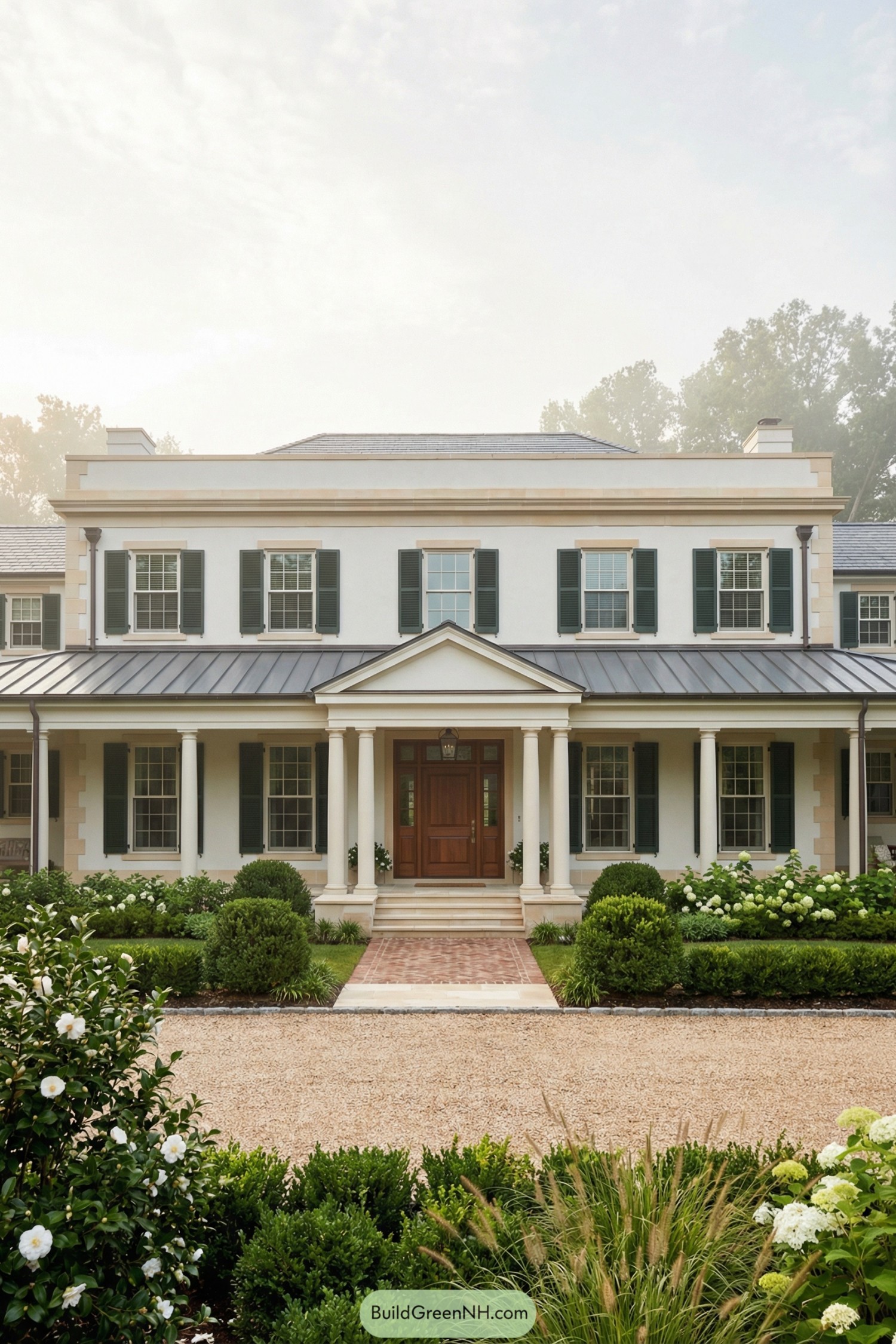 Two story white colonial home with columned front porch and formal landscaping
