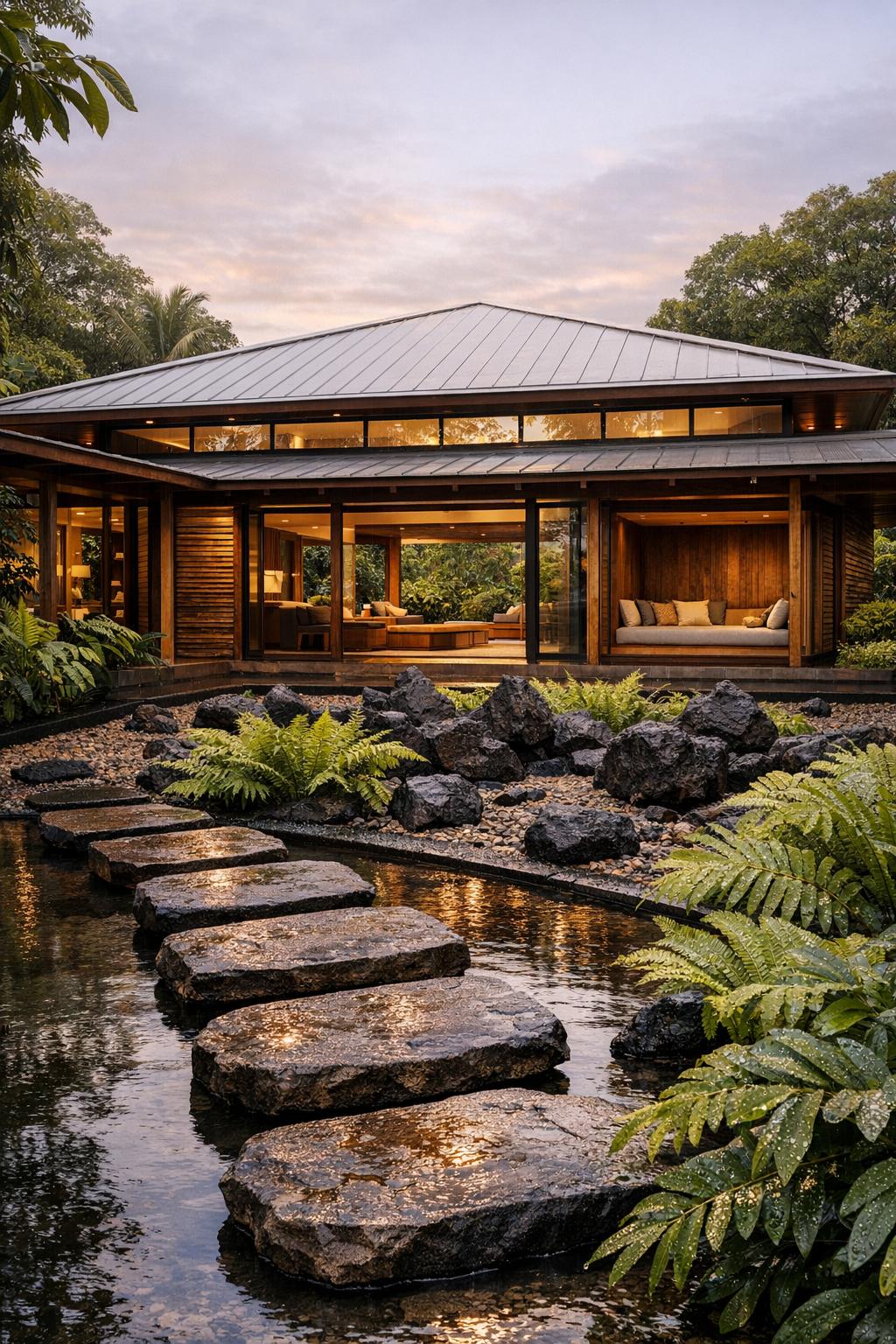 Modern wood and glass house with wide overhangs beside a stone stepping path across a garden pond
